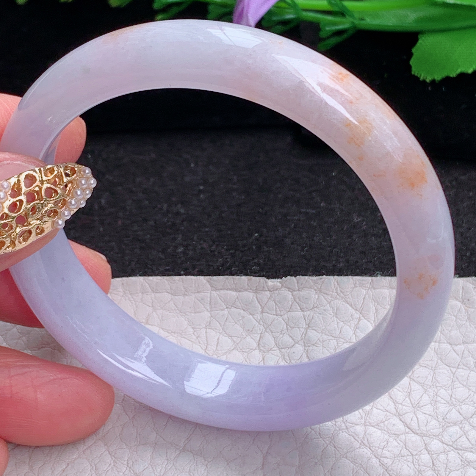 ay实拍53*11.6*7.5招财镯 天然缅甸翡翠a货手镯淡紫撒金双彩玉镯子