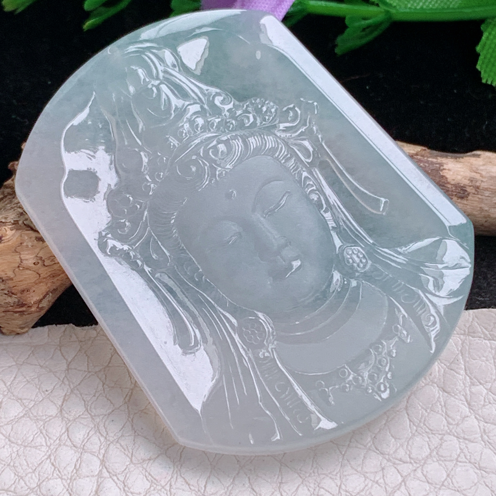 ktj实拍52*41.8*5天然缅甸翡翠精雕冰种观音首 玉观音玉吊坠 玉挂件