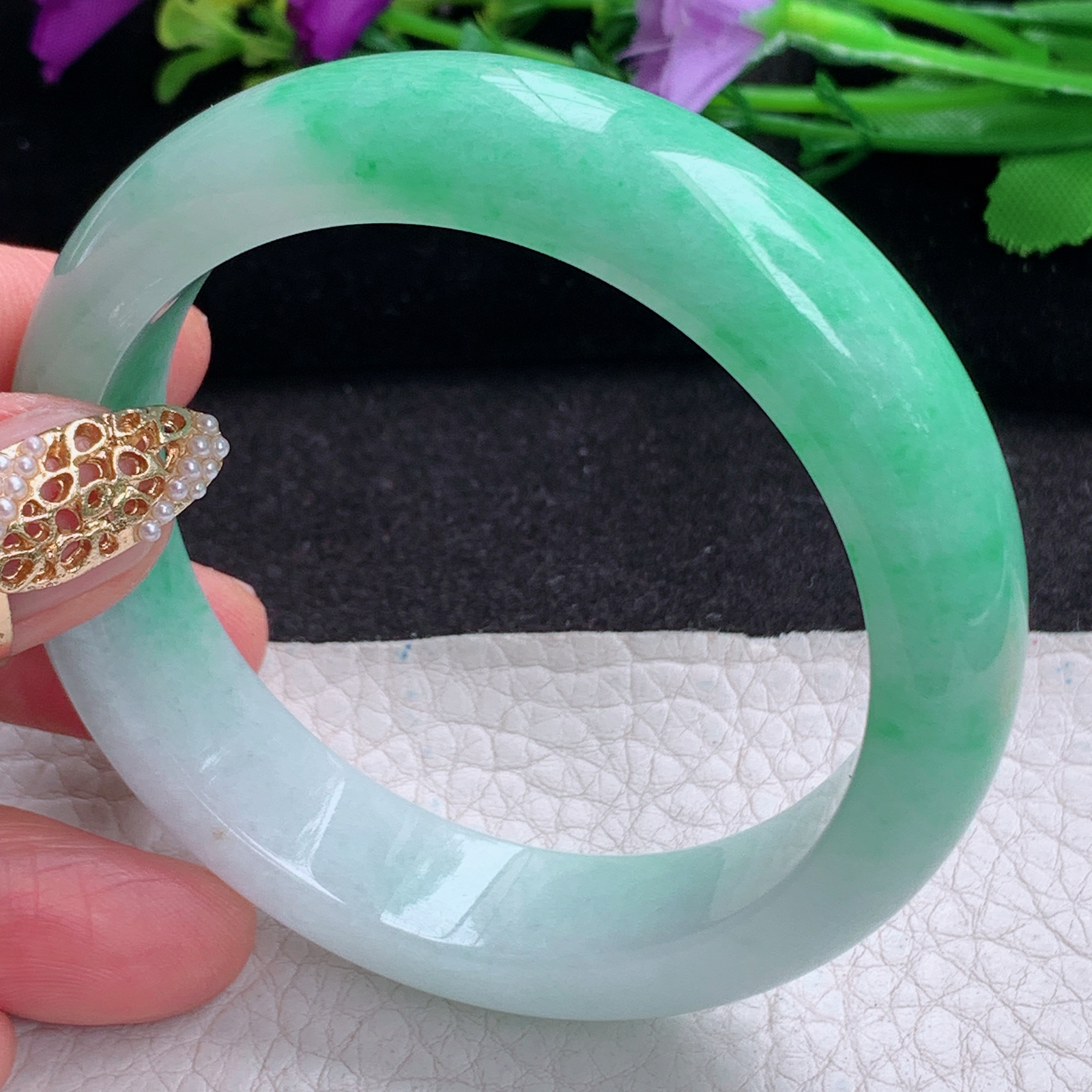 ee实拍54.5*14*8.2招财镯 天然缅甸翡翠a货手镯半山半水胶感正圈玉镯子