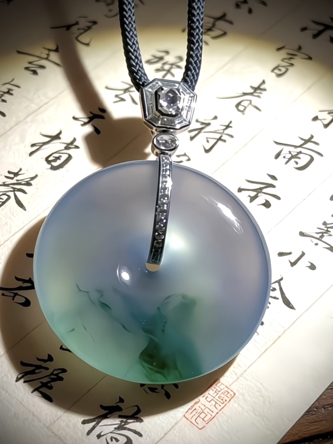 飘花平安扣子，
48.5-裸石34.5-7.5mm，20g，
18K金，南非钻，