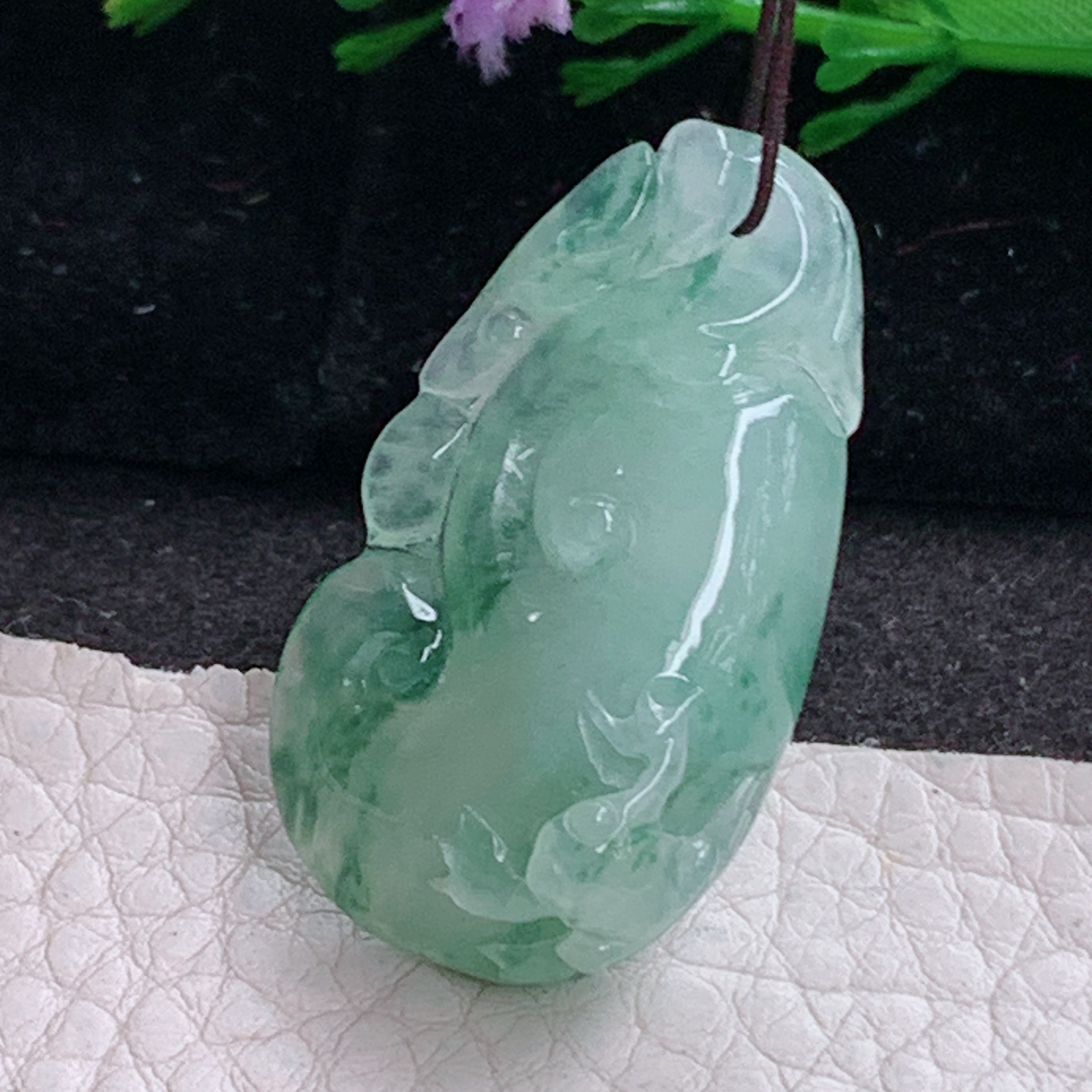 ajj实拍35.5*20*11天然缅甸翡翠精雕冰飘花玉如意 招财事事顺玉吊坠 玉挂件