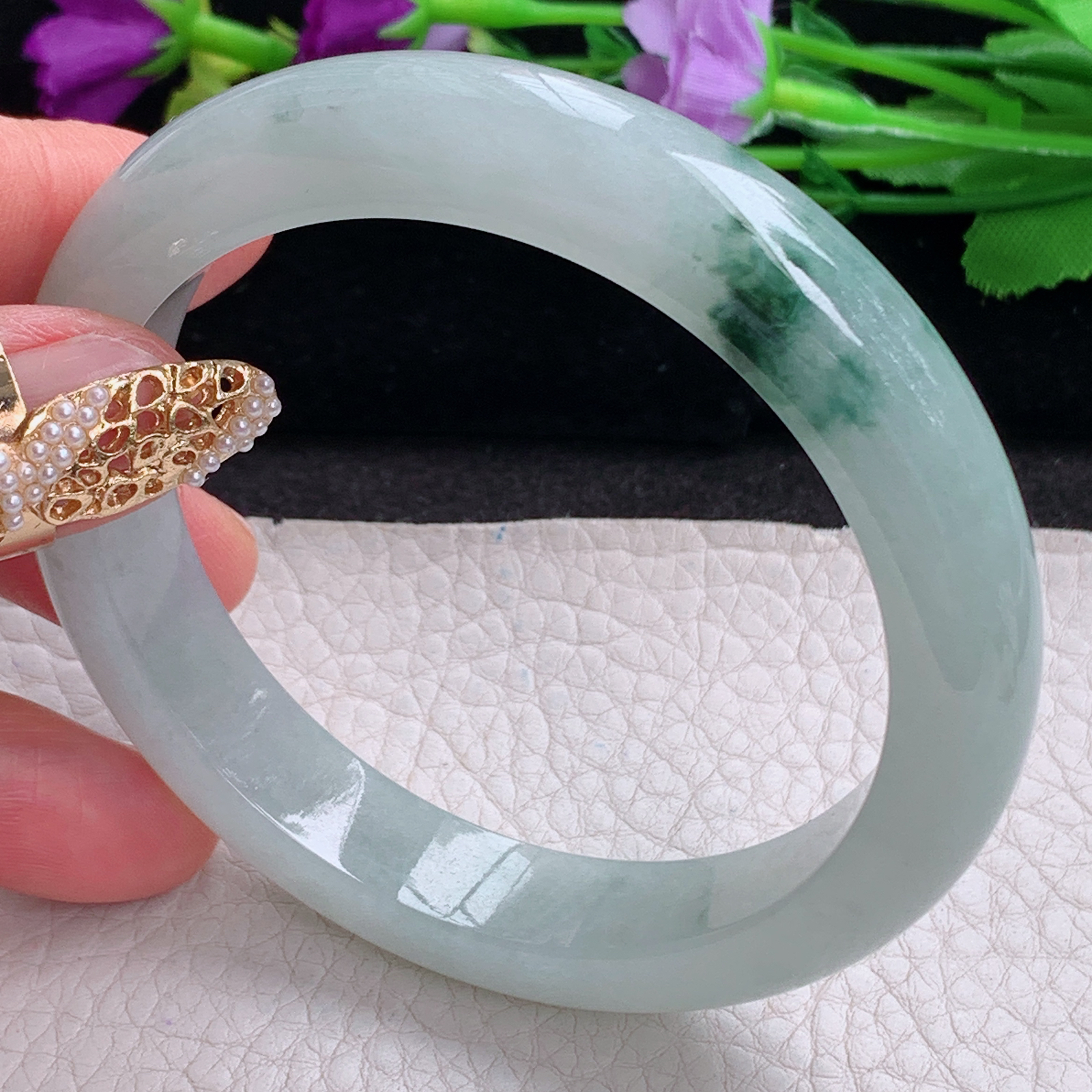 li大圈口60.8*12*8.8平安镯 天然缅甸翡翠a货手镯飘花胶感正圈玉镯子