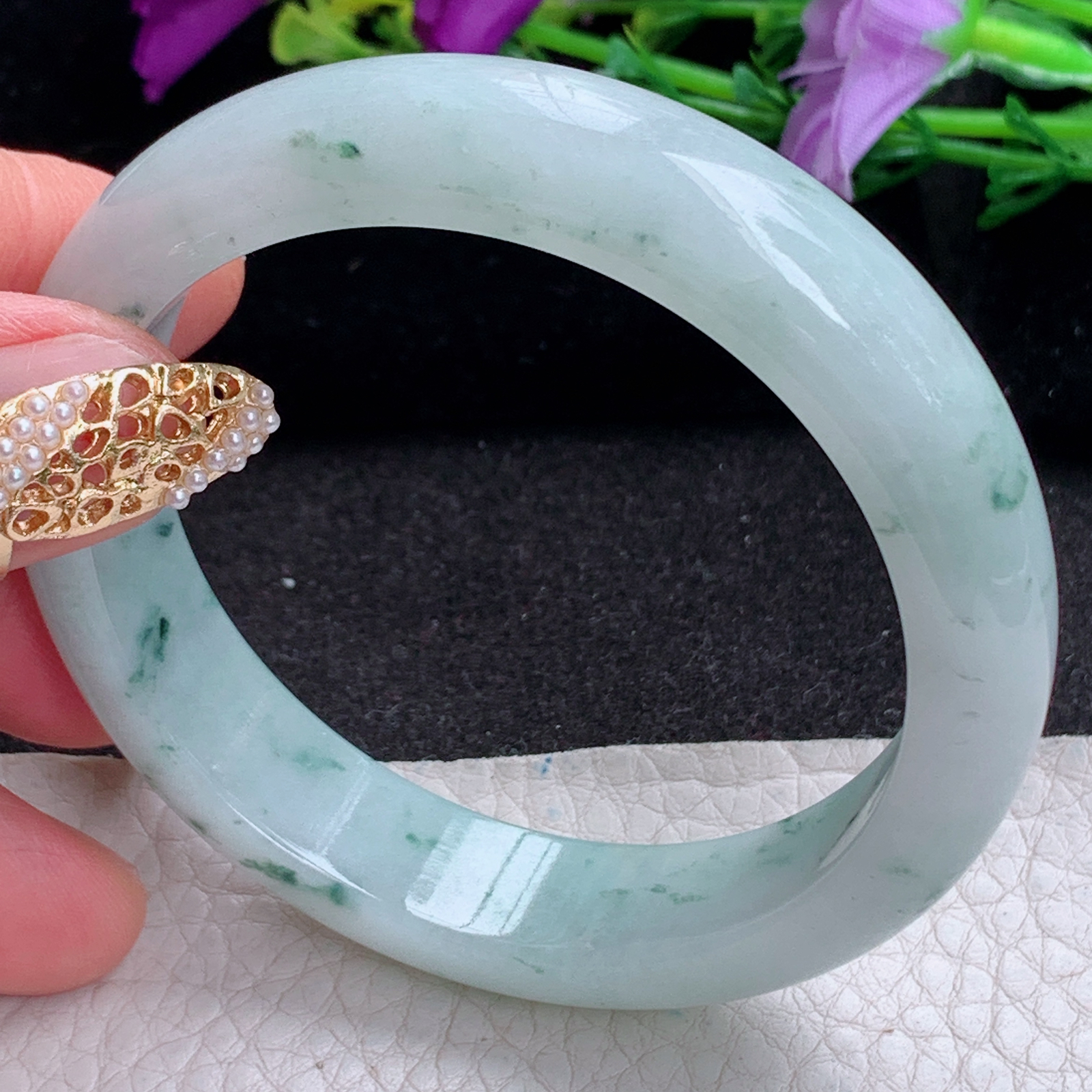 ee实拍53.8*12.7*7.3平安镯 天然缅甸翡翠a货手镯飘花胶感正圈玉镯子