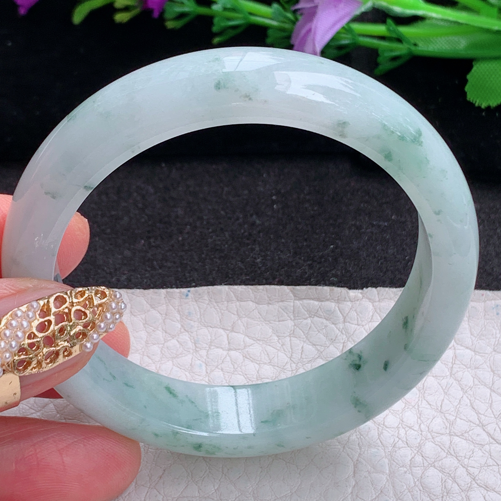 ee实拍53.8*12.7*7.3平安镯 天然缅甸翡翠a货手镯飘花胶感正圈玉镯子