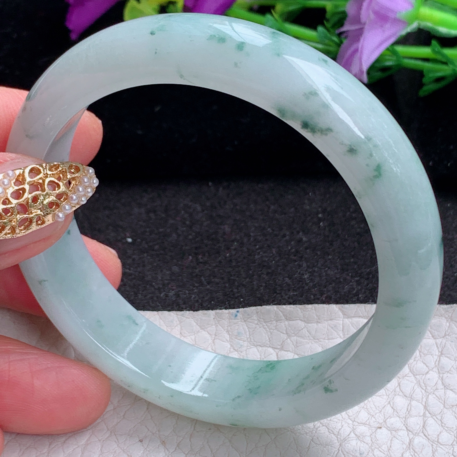 ee实拍53.8*12.7*7.3平安镯 天然缅甸翡翠a货手镯飘花胶感正圈玉镯子