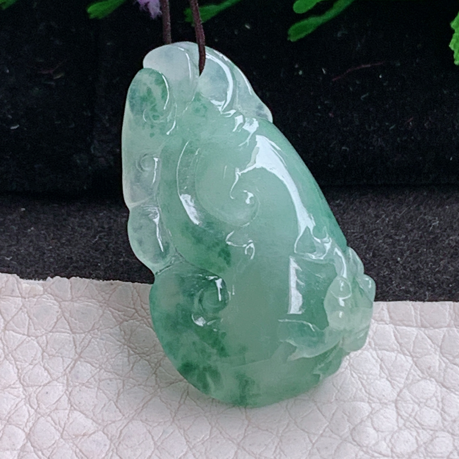 ajj实拍35.5*20*11天然缅甸翡翠精雕冰飘花玉如意 招财事事顺玉吊坠 玉挂件