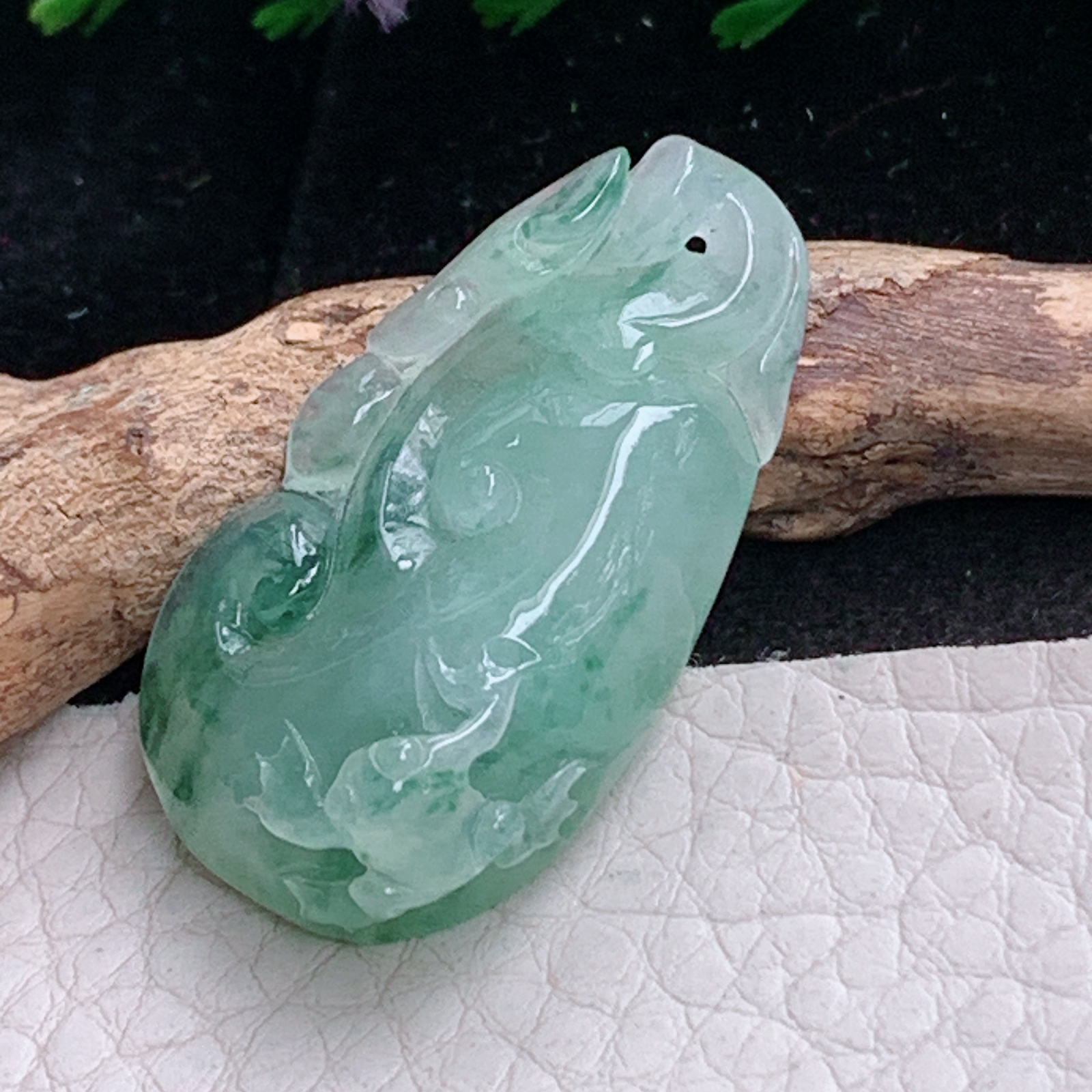 ajj实拍35.5*20*11天然缅甸翡翠精雕冰飘花玉如意 招财事事顺玉吊坠 玉挂件