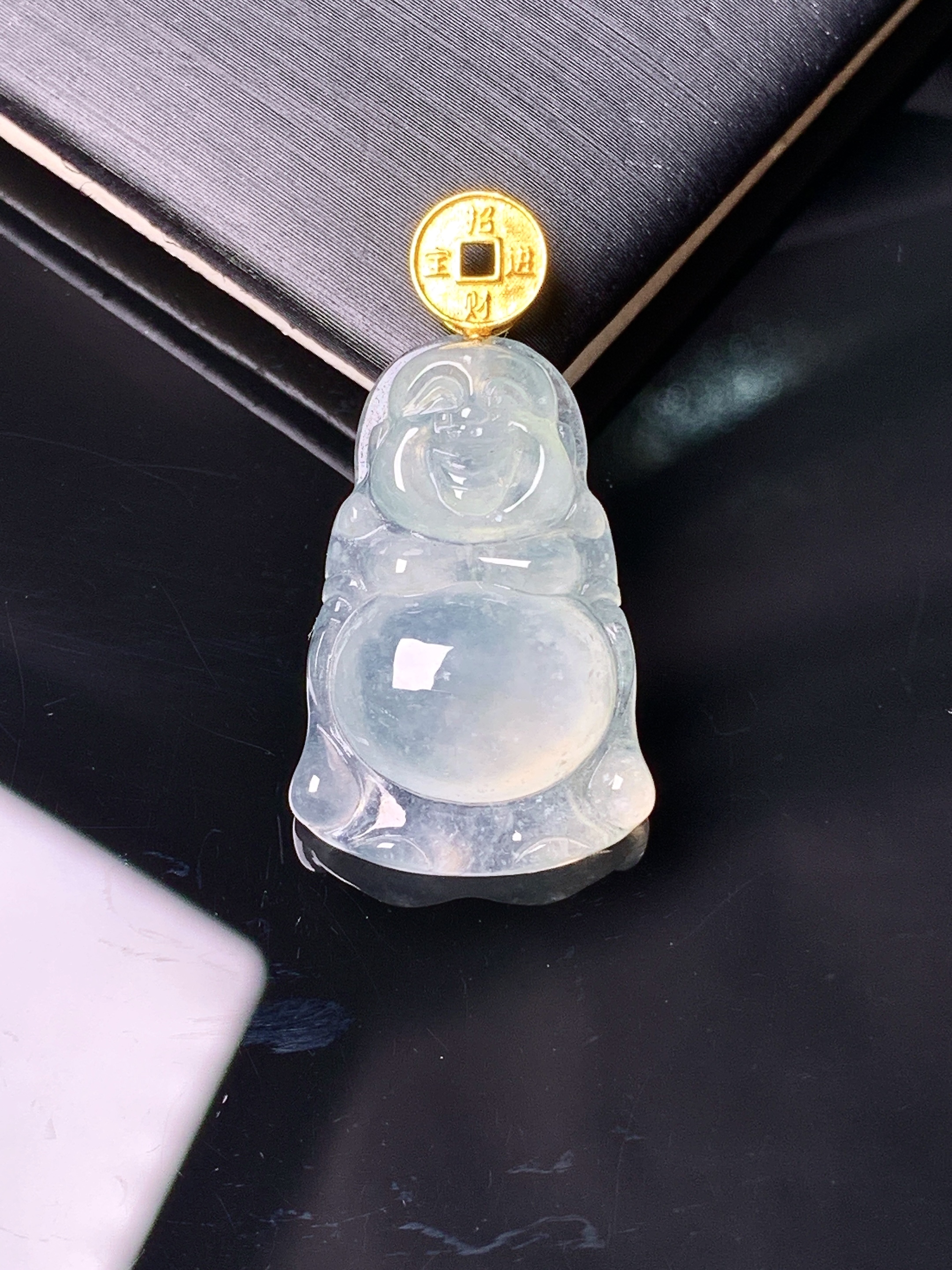 18k金镶嵌冰种佛公吊坠 玉质细腻 色泽艳丽清新 水润亮眼 整体尺寸30.2*15.7*6m1
