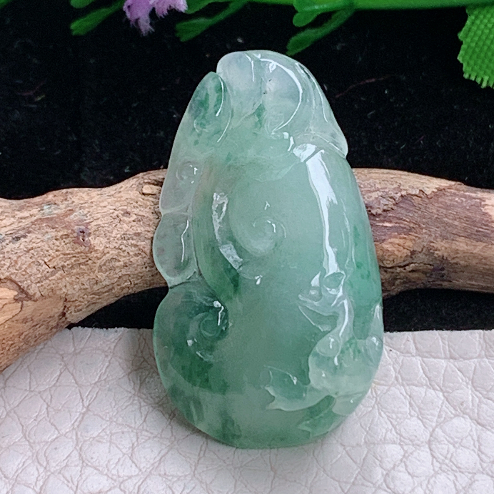 ajj实拍35.5*20*11天然缅甸翡翠精雕冰飘花玉如意 招财事事顺玉吊坠 玉挂件
