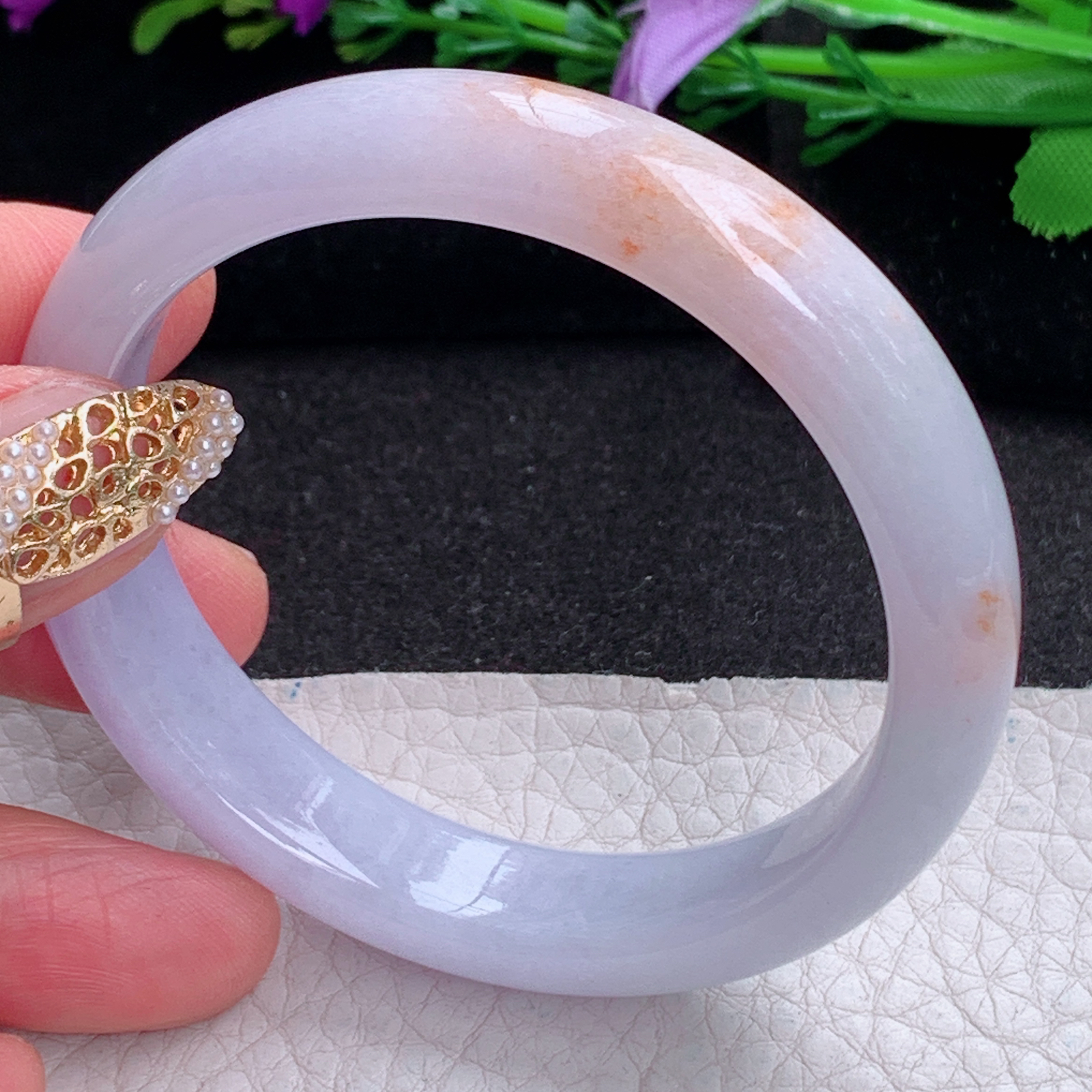 ay实拍53*11.6*7.5招财镯 天然缅甸翡翠a货手镯淡紫撒金双彩玉镯子