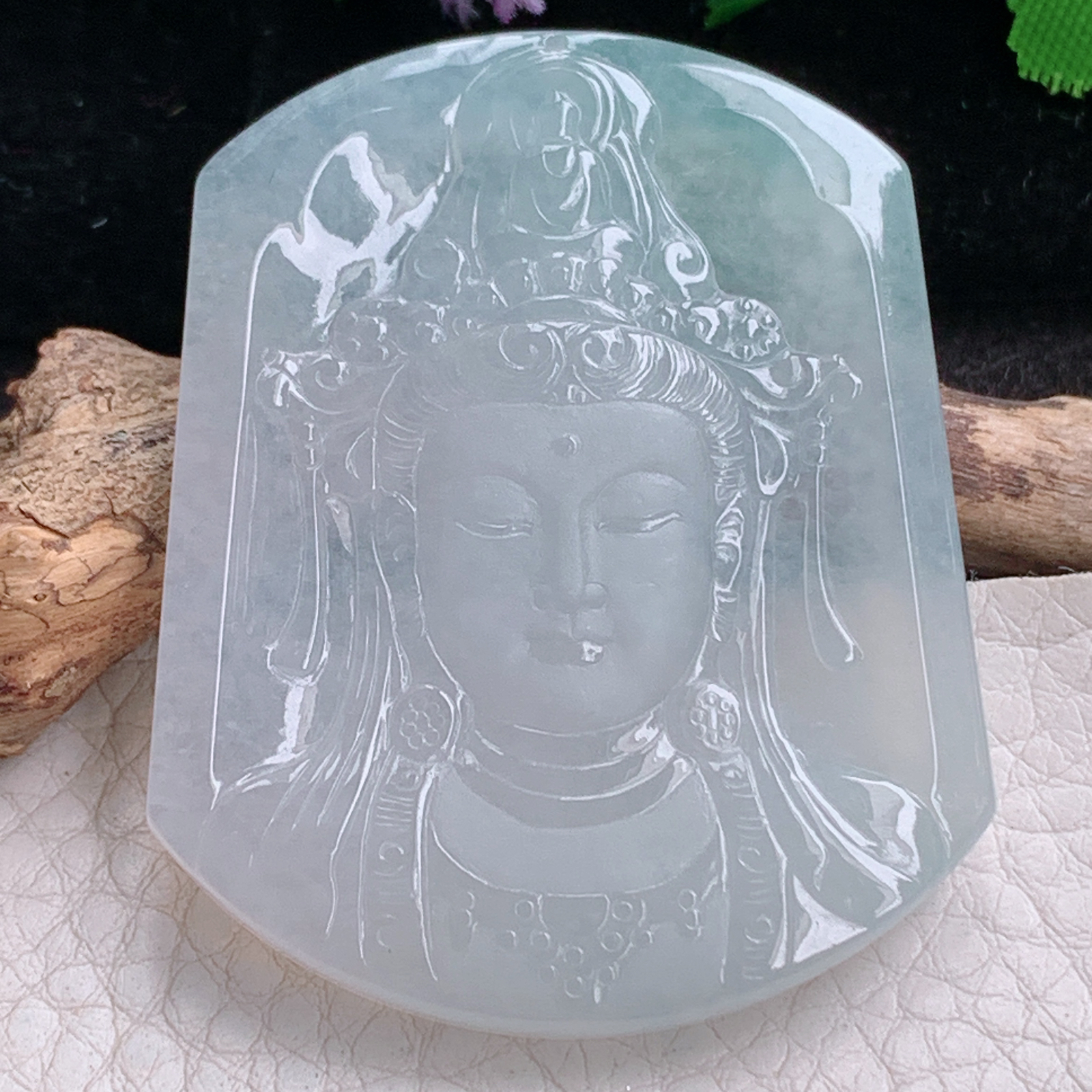 ktj实拍52*41.8*5天然缅甸翡翠精雕冰种观音首 玉观音玉吊坠 玉挂件