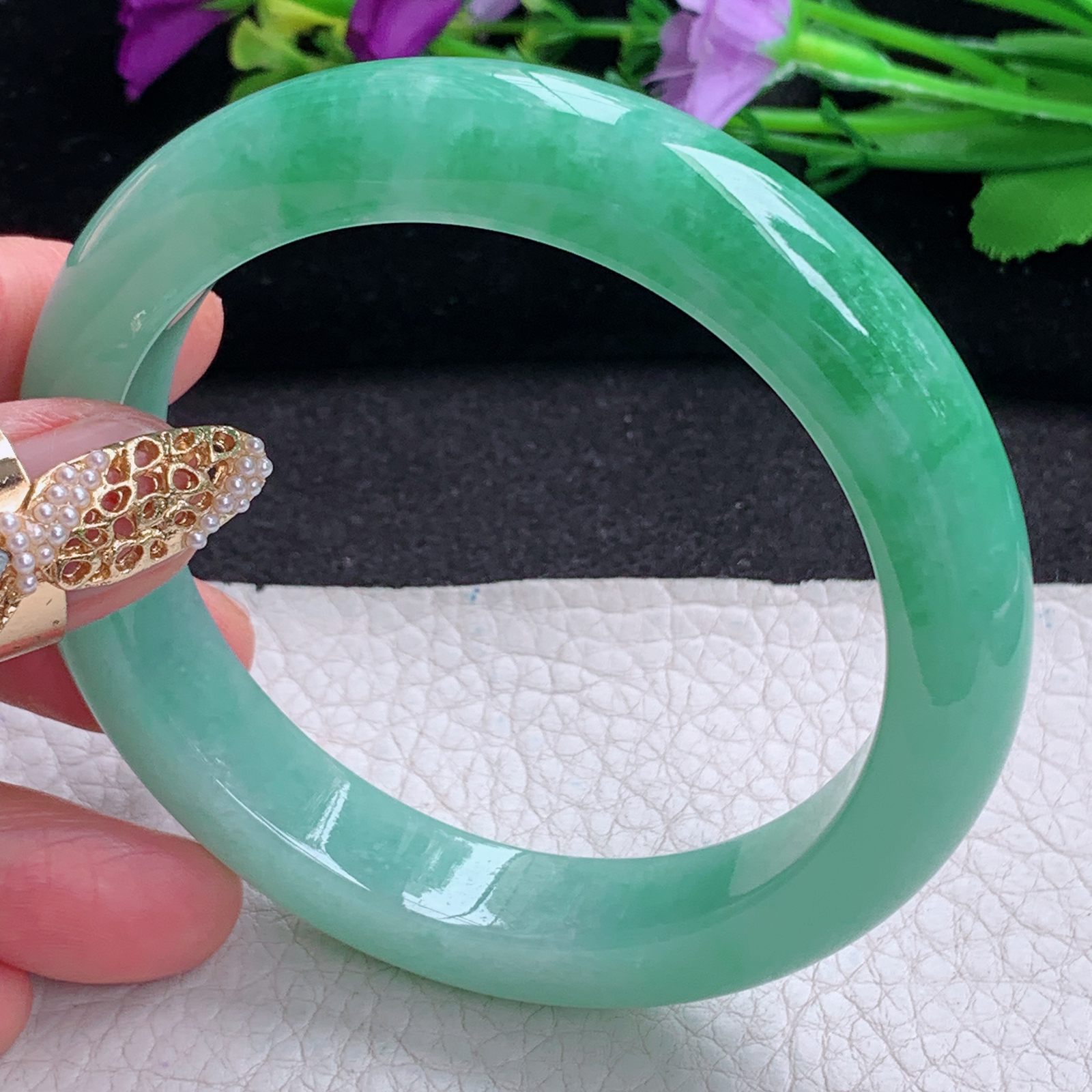 xc大圈口60.5*12.3*9.2平安镯 天然缅甸翡翠a货手镯辣绿胶感正圈玉镯子