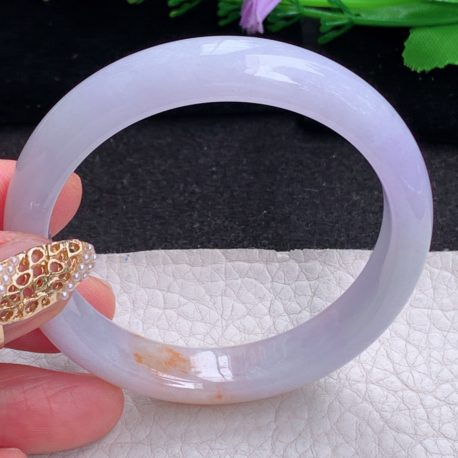 ay实拍53*11.6*7.5招财镯 天然缅甸翡翠a货手镯淡紫撒金双彩玉镯子