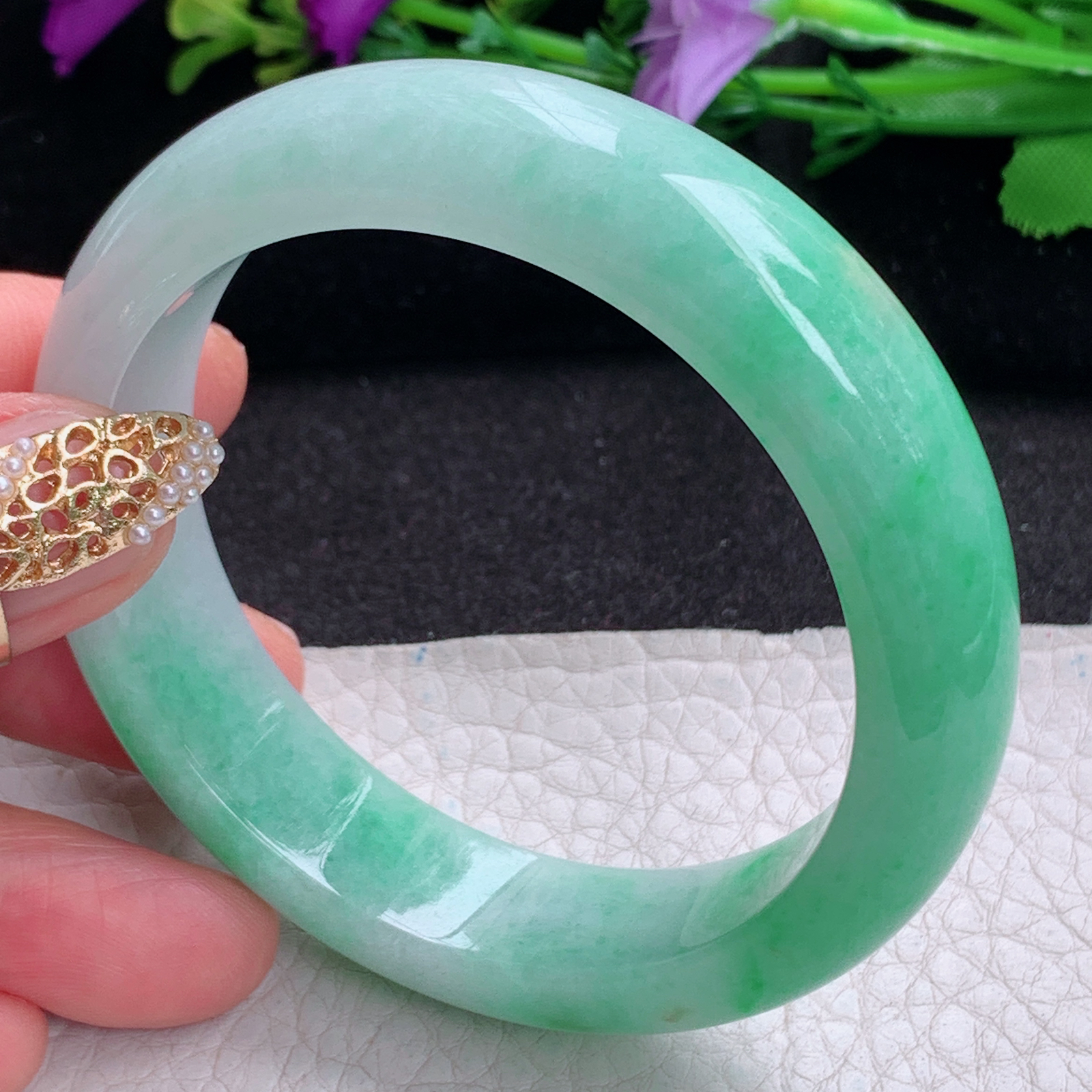 ee实拍54.5*14*8.2招财镯 天然缅甸翡翠a货手镯半山半水胶感正圈玉镯子