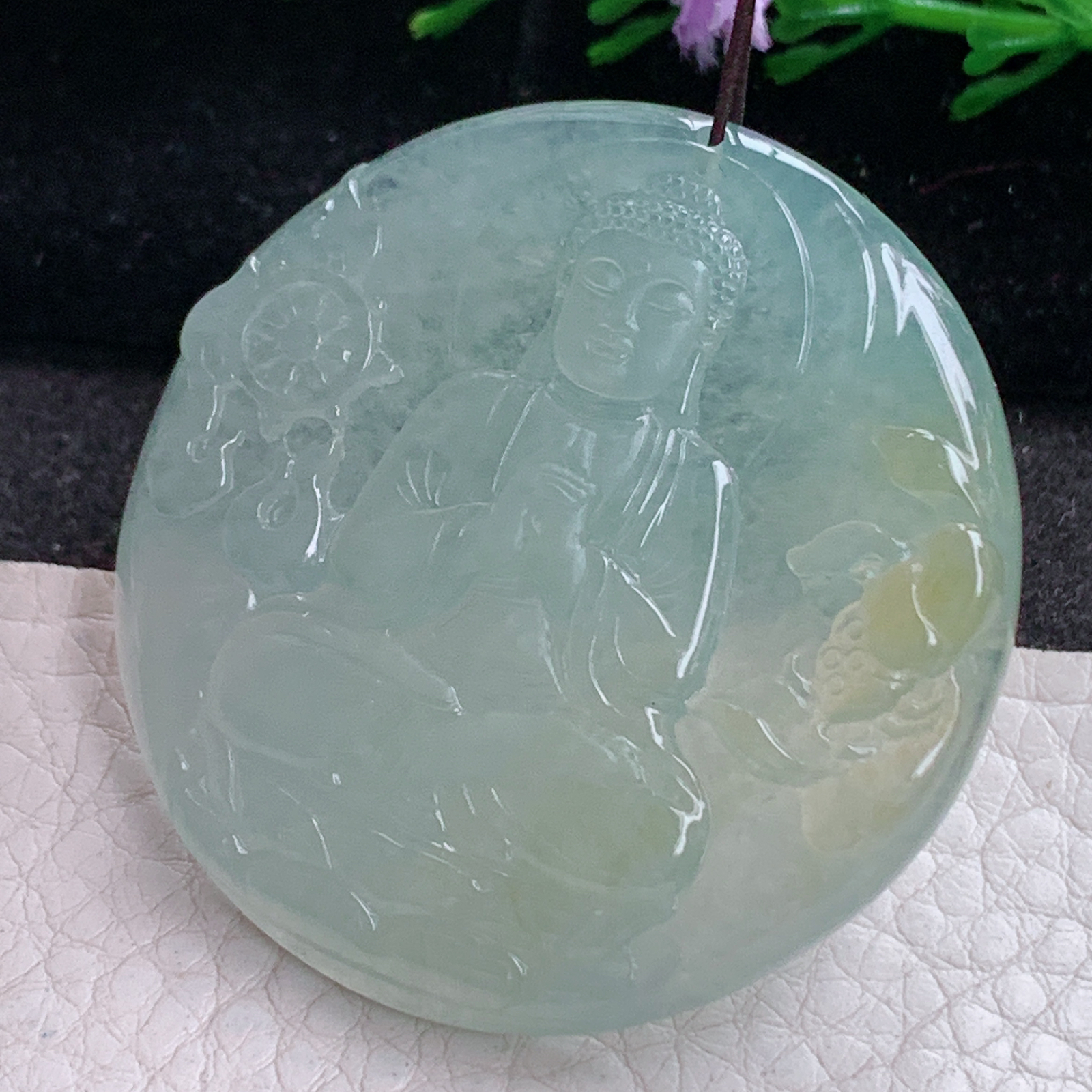 ktj实拍46.6*5天然缅甸翡翠精雕冰双彩大日如来佛祖 花开见佛玉吊坠 玉挂件