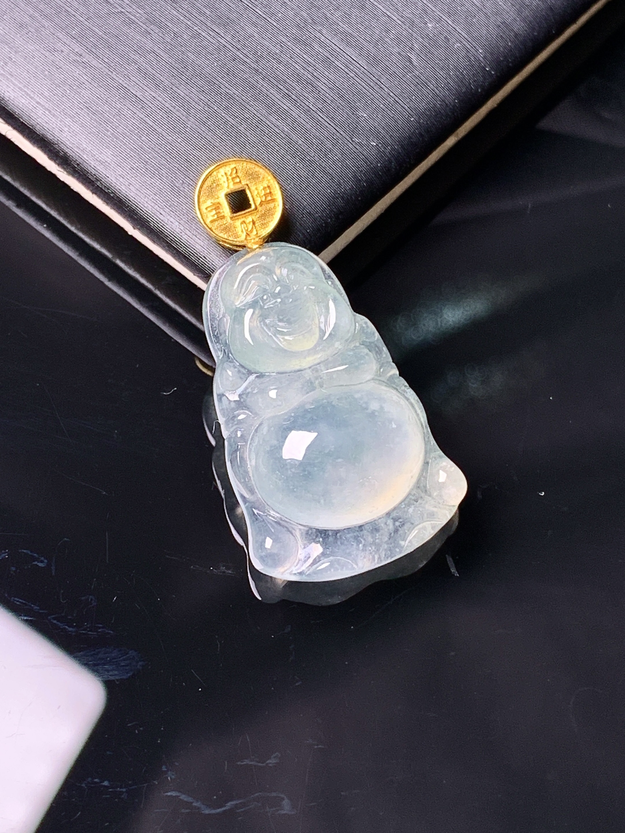 18k金镶嵌冰种佛公吊坠 玉质细腻 色泽艳丽清新 水润亮眼 整体尺寸30.2*15.7*6m1