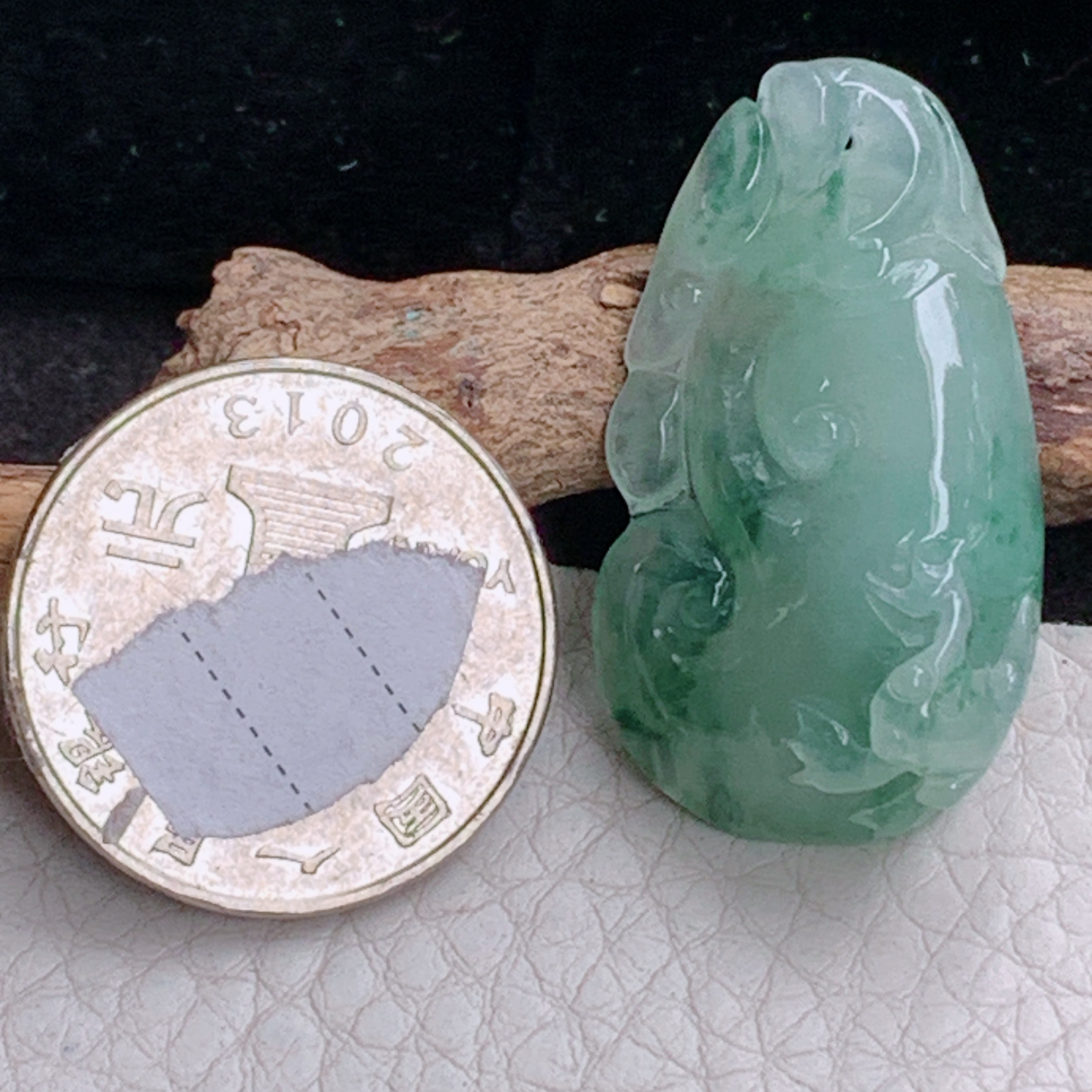 ajj实拍35.5*20*11天然缅甸翡翠精雕冰飘花玉如意 招财事事顺玉吊坠 玉挂件