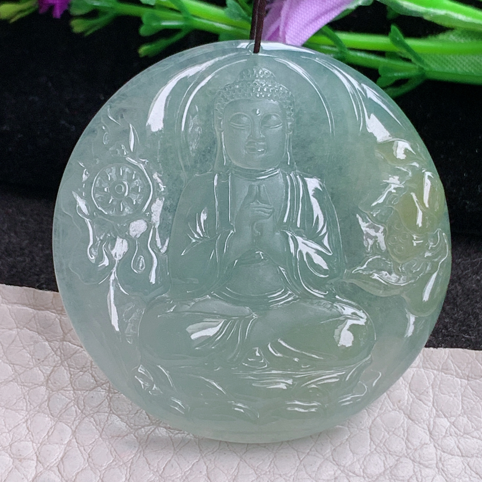ktj实拍46.6*5天然缅甸翡翠精雕冰双彩大日如来佛祖 花开见佛玉吊坠 玉挂件