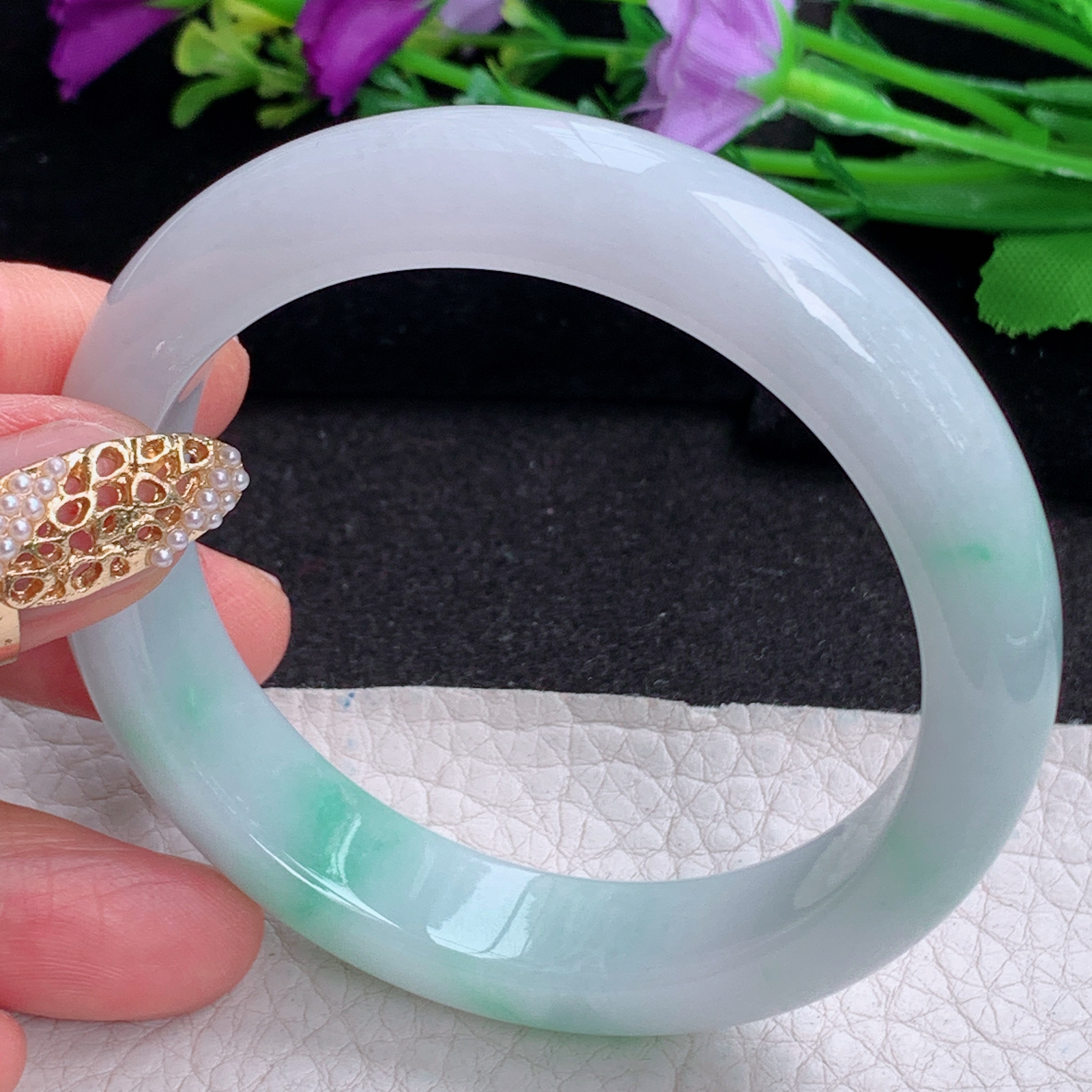 ay实拍56*12.8*8.2平安镯 天然缅甸翡翠a货手镯飘花正圈玉镯子