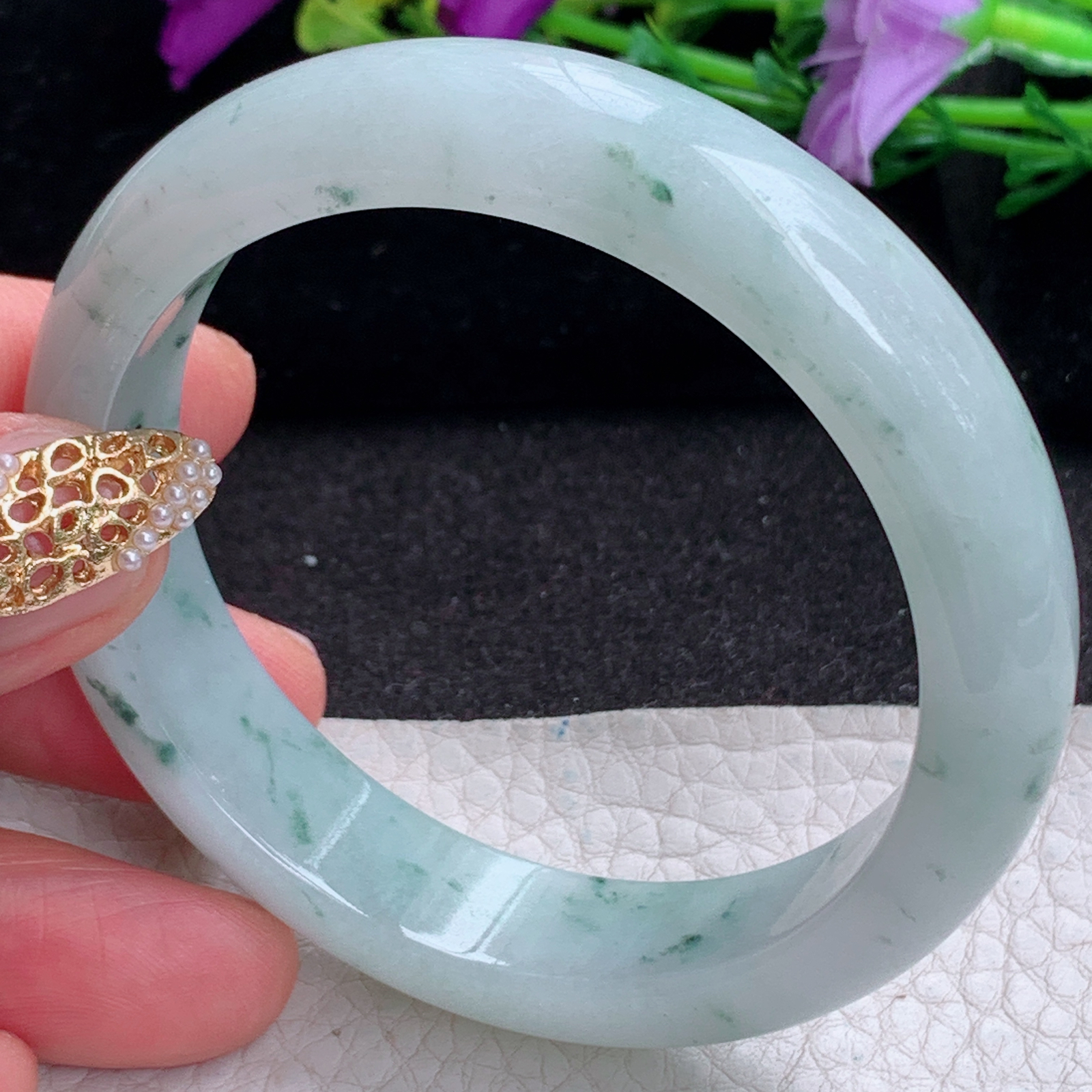 ee实拍53.8*12.7*7.3平安镯 天然缅甸翡翠a货手镯飘花胶感正圈玉镯子