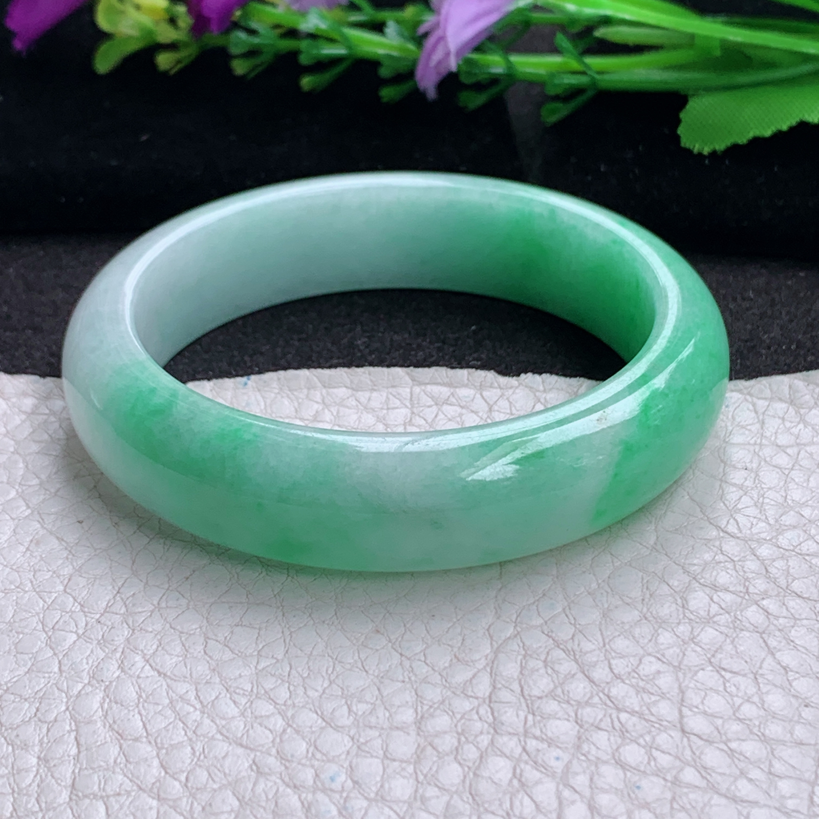 ee实拍54.5*14*8.2招财镯 天然缅甸翡翠a货手镯半山半水胶感正圈玉镯子