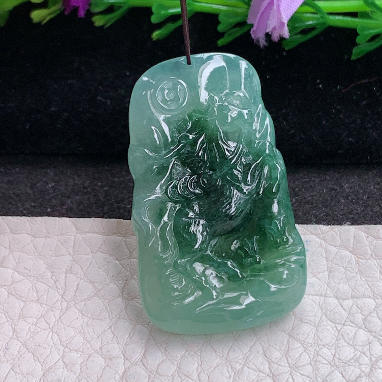 ktj实拍39.5*23.8*6天然缅甸翡翠精雕冰润马上发财 生肖马玉吊坠 玉挂件