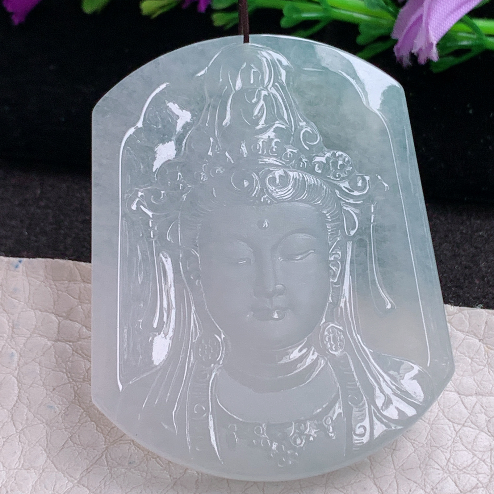 ktj实拍52*41.8*5天然缅甸翡翠精雕冰种观音首 玉观音玉吊坠 玉挂件