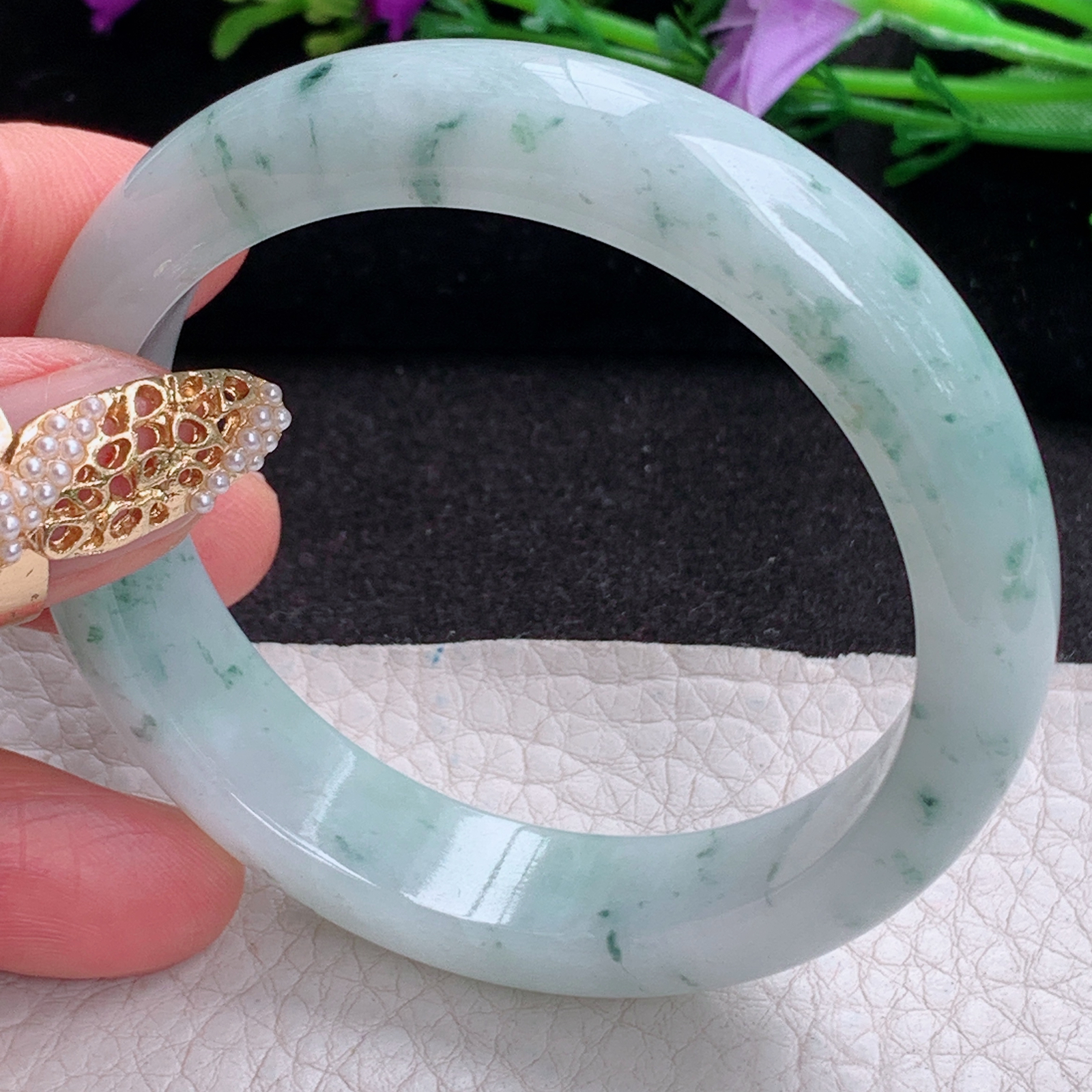 ee实拍53.8*12.7*7.3平安镯 天然缅甸翡翠a货手镯飘花胶感正圈玉镯子