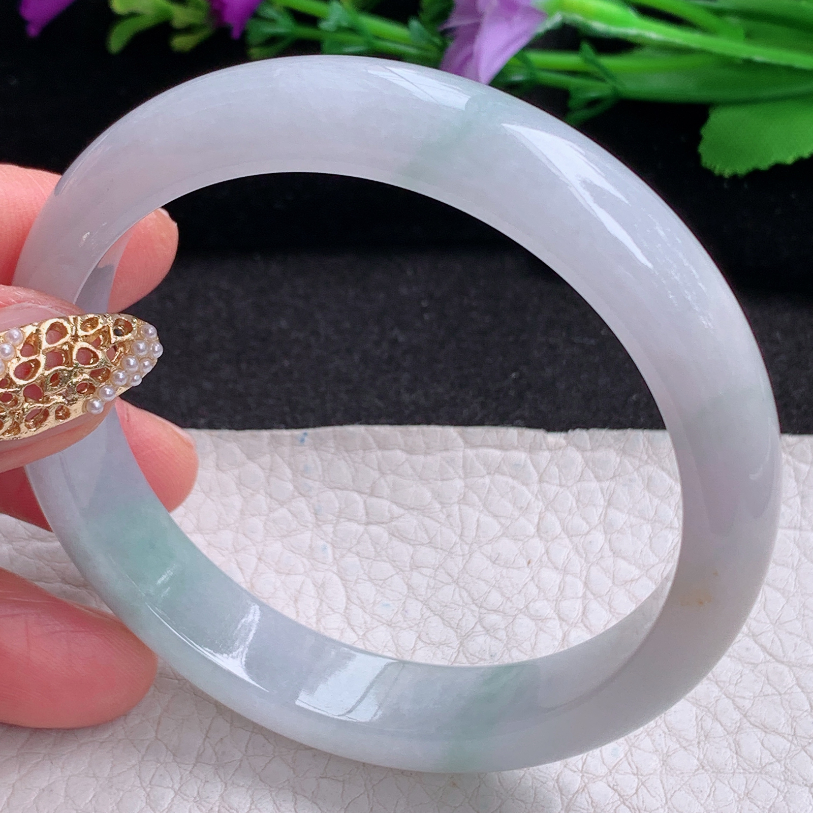 xc实拍58.5*12*7.6平安镯 天然缅甸翡翠a货手镯三彩胶感正圈玉镯子