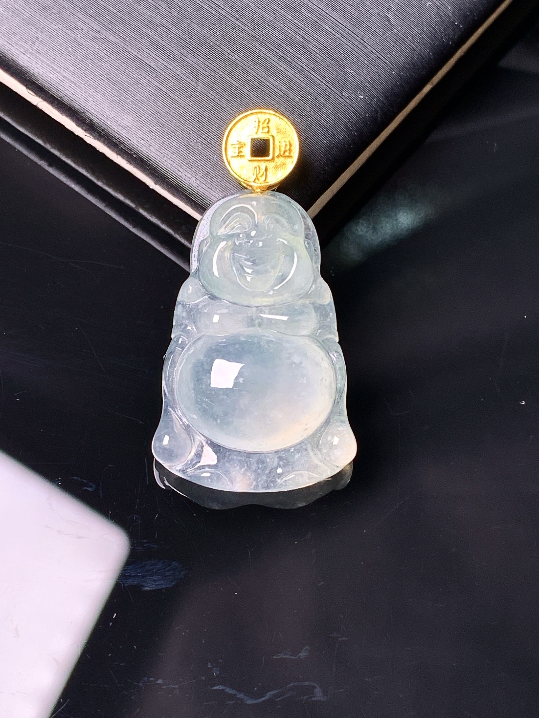 18k金镶嵌冰种佛公吊坠 玉质细腻 色泽艳丽清新 水润亮眼 整体尺寸30.2*15.7*6m1