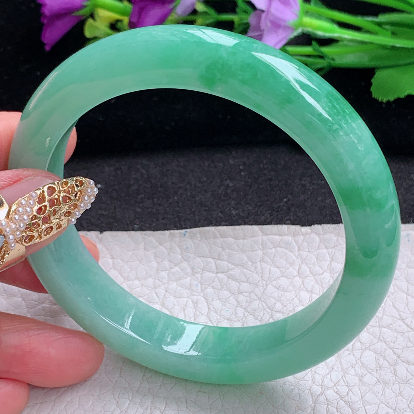 xc大圈口60.5*12.3*9.2平安镯 天然缅甸翡翠a货手镯辣绿胶感正圈玉镯子