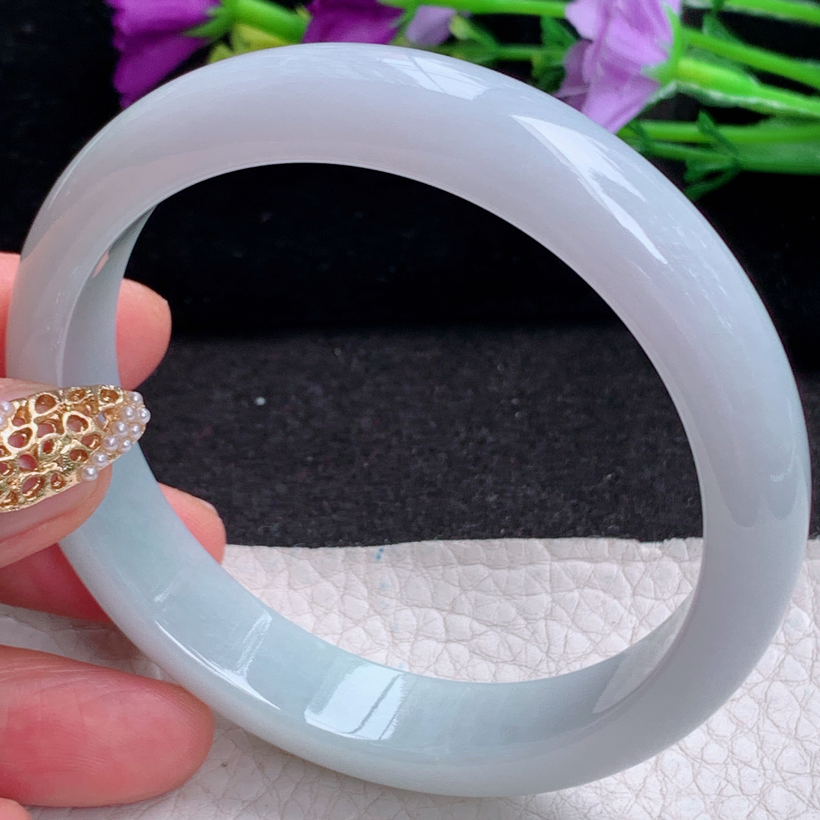 ee实拍59.8*12.7*7.6平安镯 天然缅甸翡翠a货手镯浅绿胶感正圈玉镯子