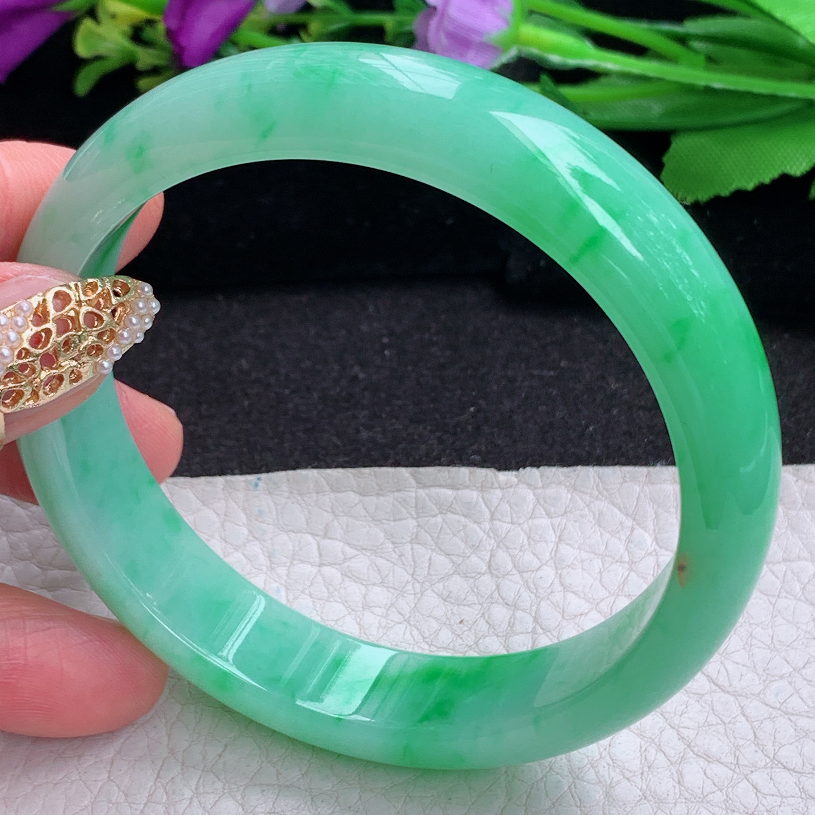 xc大圈口62*14.2*7.6平安镯 天然缅甸翡翠a货手镯辣阳绿胶感正圈玉镯子