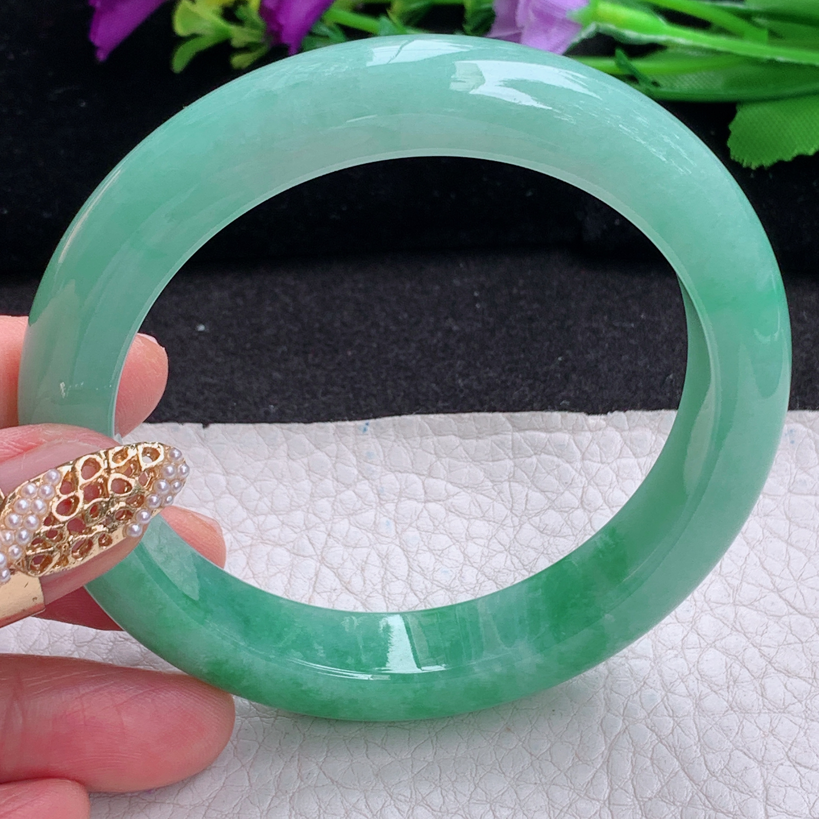 xc大圈口60.5*12.3*9.2平安镯 天然缅甸翡翠a货手镯辣绿胶感正圈玉镯子