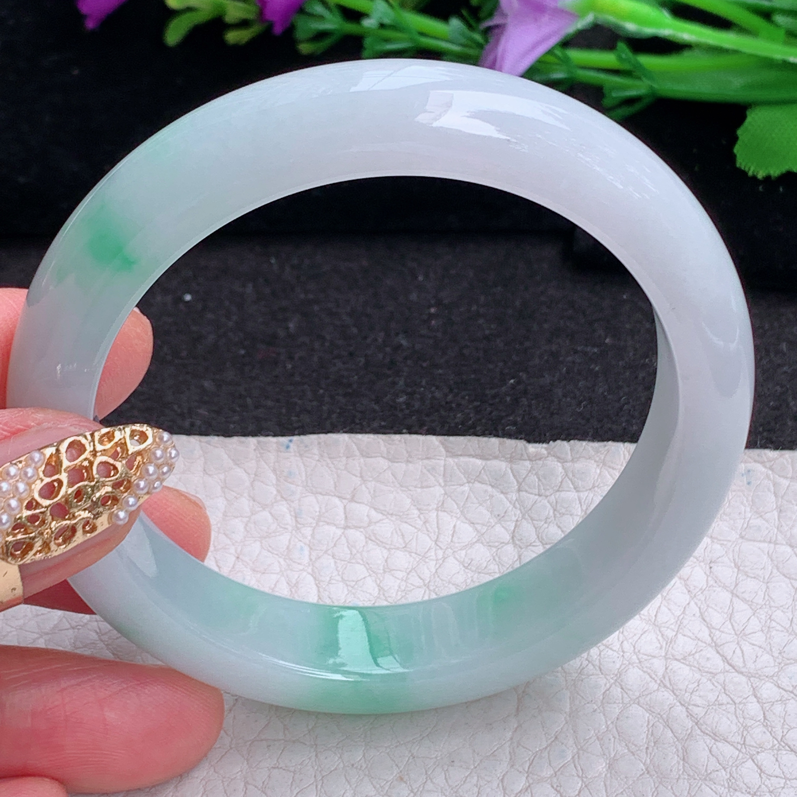 ay实拍56*12.8*8.2平安镯 天然缅甸翡翠a货手镯飘花正圈玉镯子