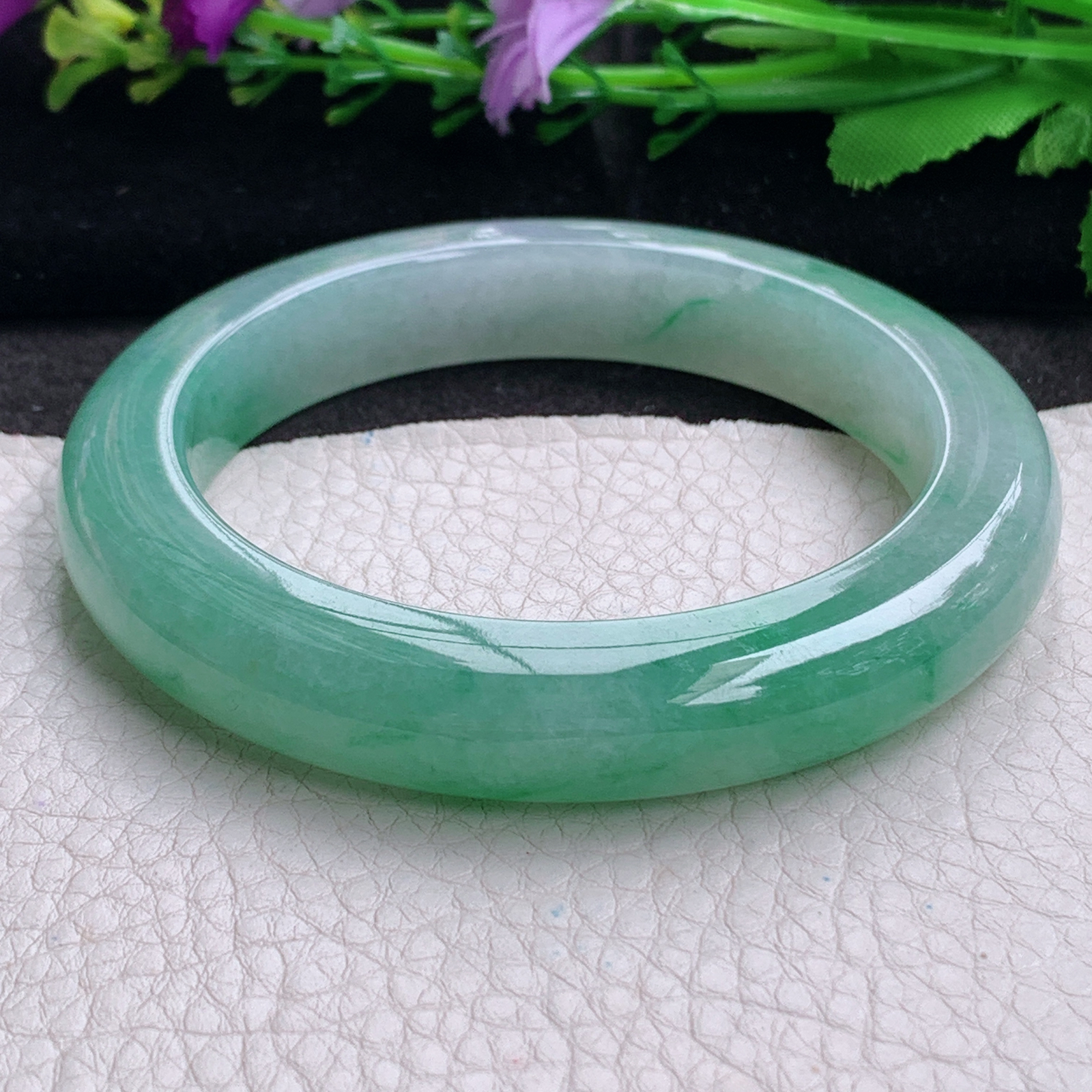 nr大圈口61*12*10.5平安镯 天然缅甸翡翠a货手镯冰胶飘绿正圈玉镯子