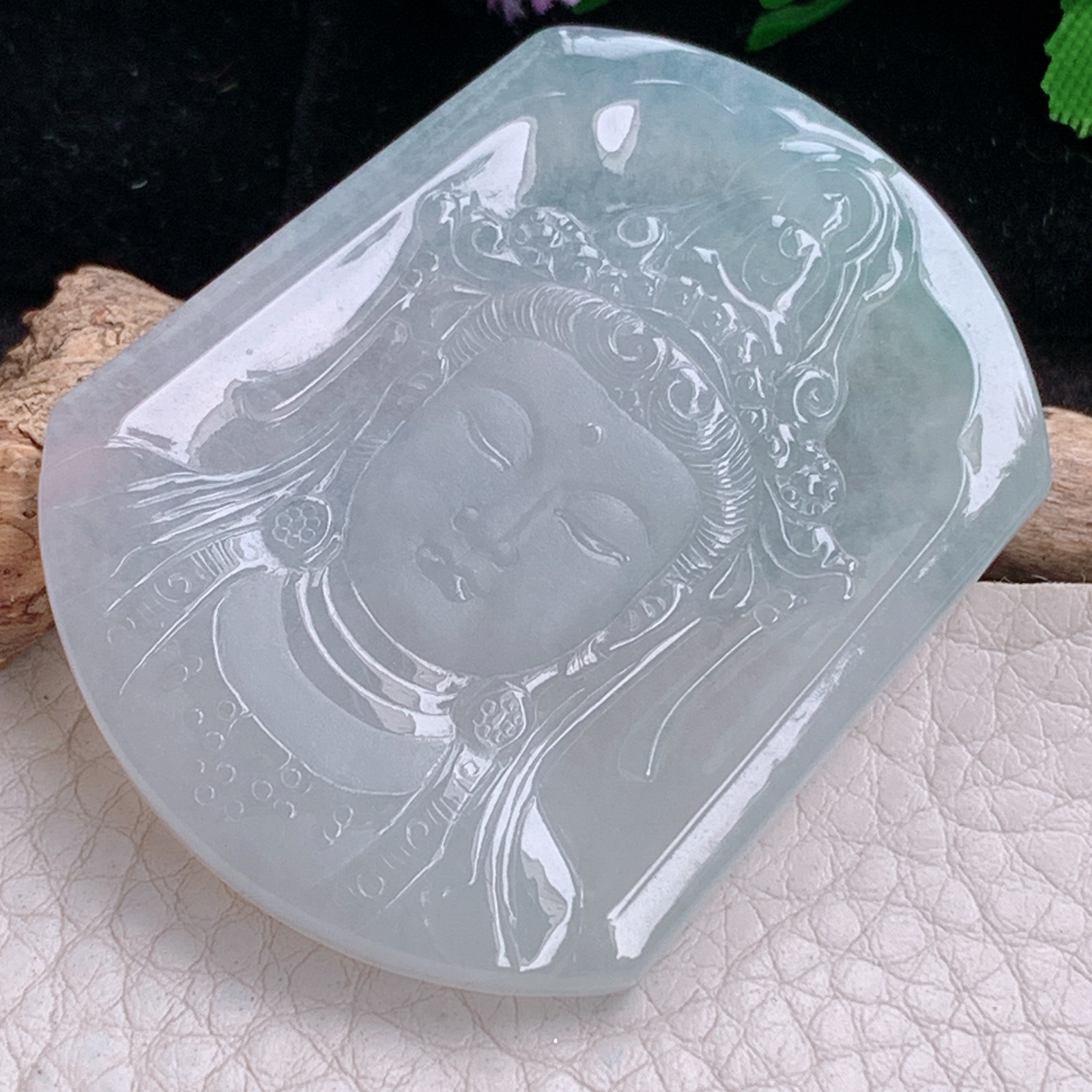 ktj实拍52*41.8*5天然缅甸翡翠精雕冰种观音首 玉观音玉吊坠 玉挂件