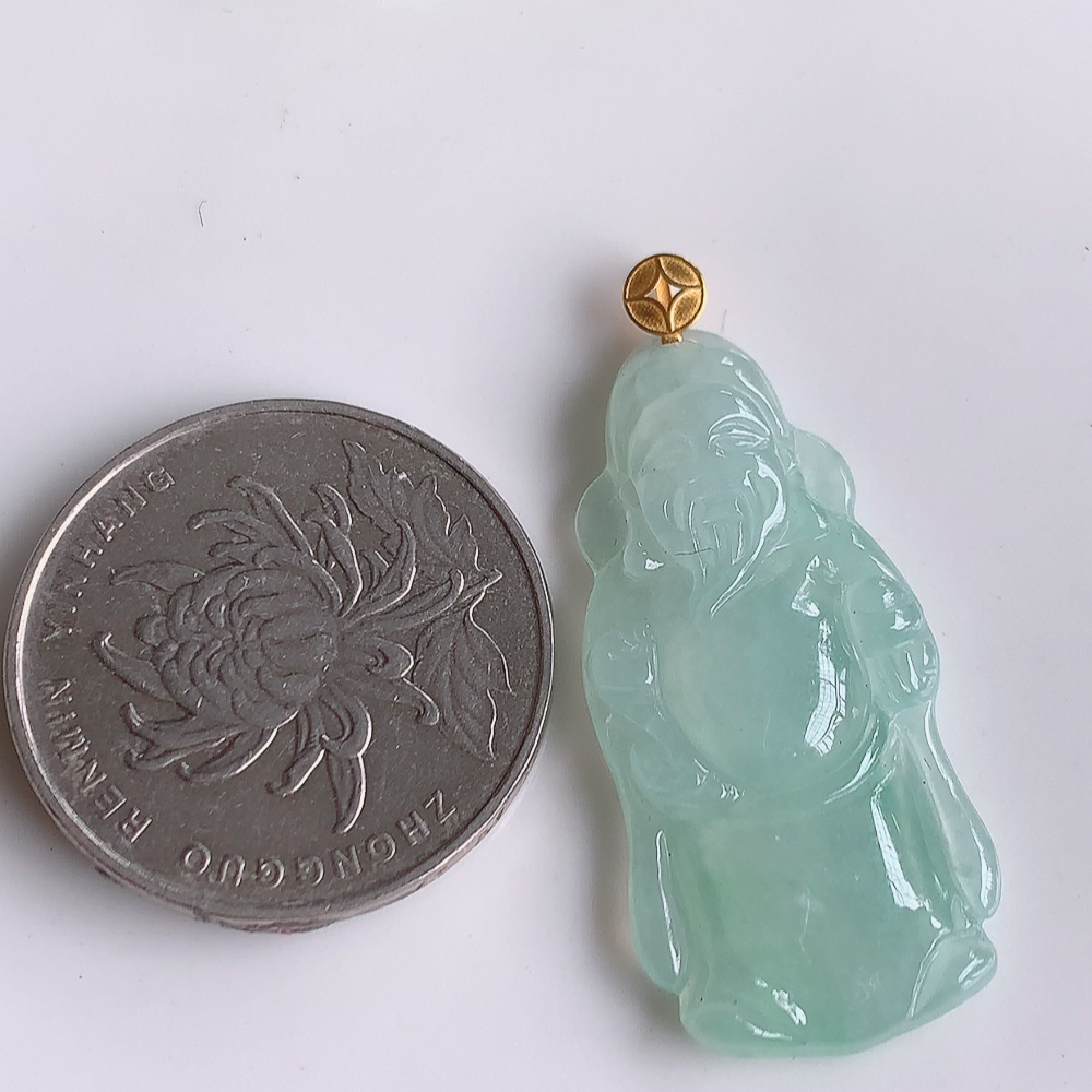 18k金扣冰润财神吊坠 玉质细腻 色泽艳丽清新 水润亮眼 W41.11  尺寸：34-16.5-4.6mm