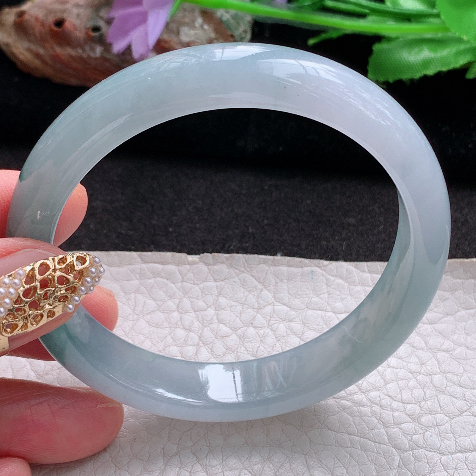 js实拍57.5*12.6*7.6平安镯 天然翡翠a货手镯冰飘花正圈玉镯子