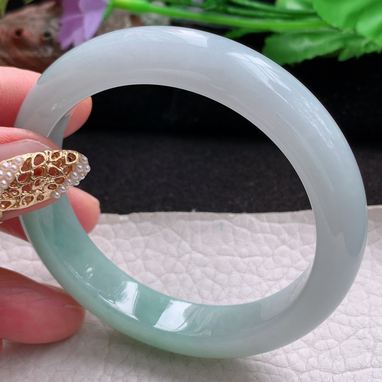 js实拍55*12*8.3招财镯 天然翡翠a货手镯水润清新双彩正圈玉镯子