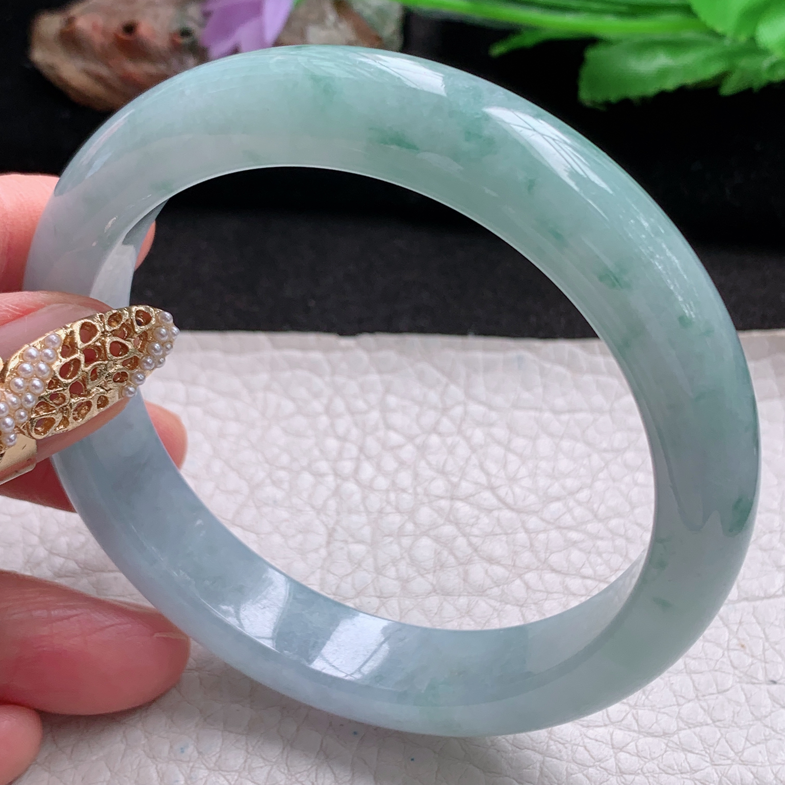 nr大圈口60*13*9平安镯 天然翡翠a货手镯冰飘花大气正圈玉镯子