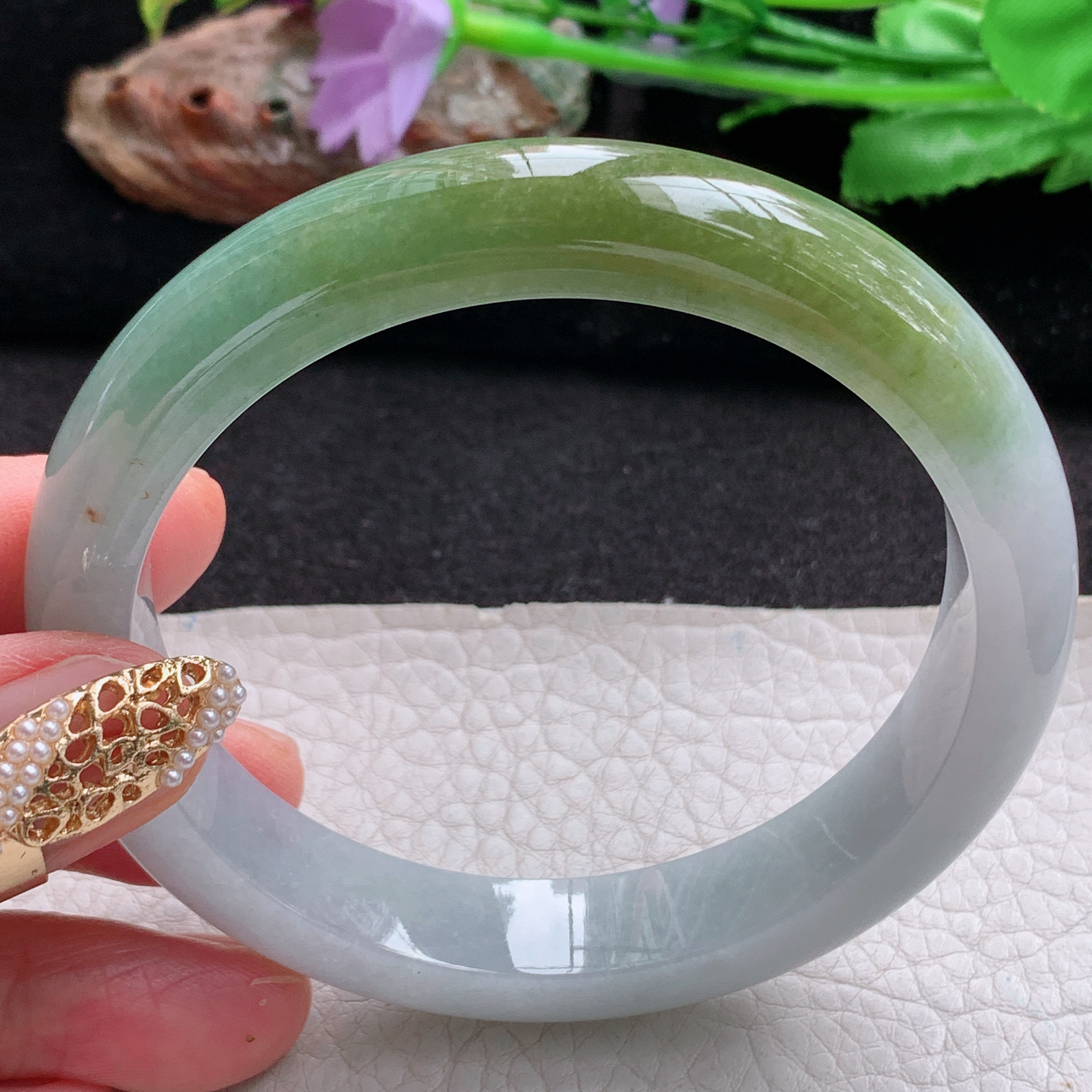 js大圈口61*11.8*8.5招财镯 天然翡翠a货手镯冰润双彩正圈玉镯子