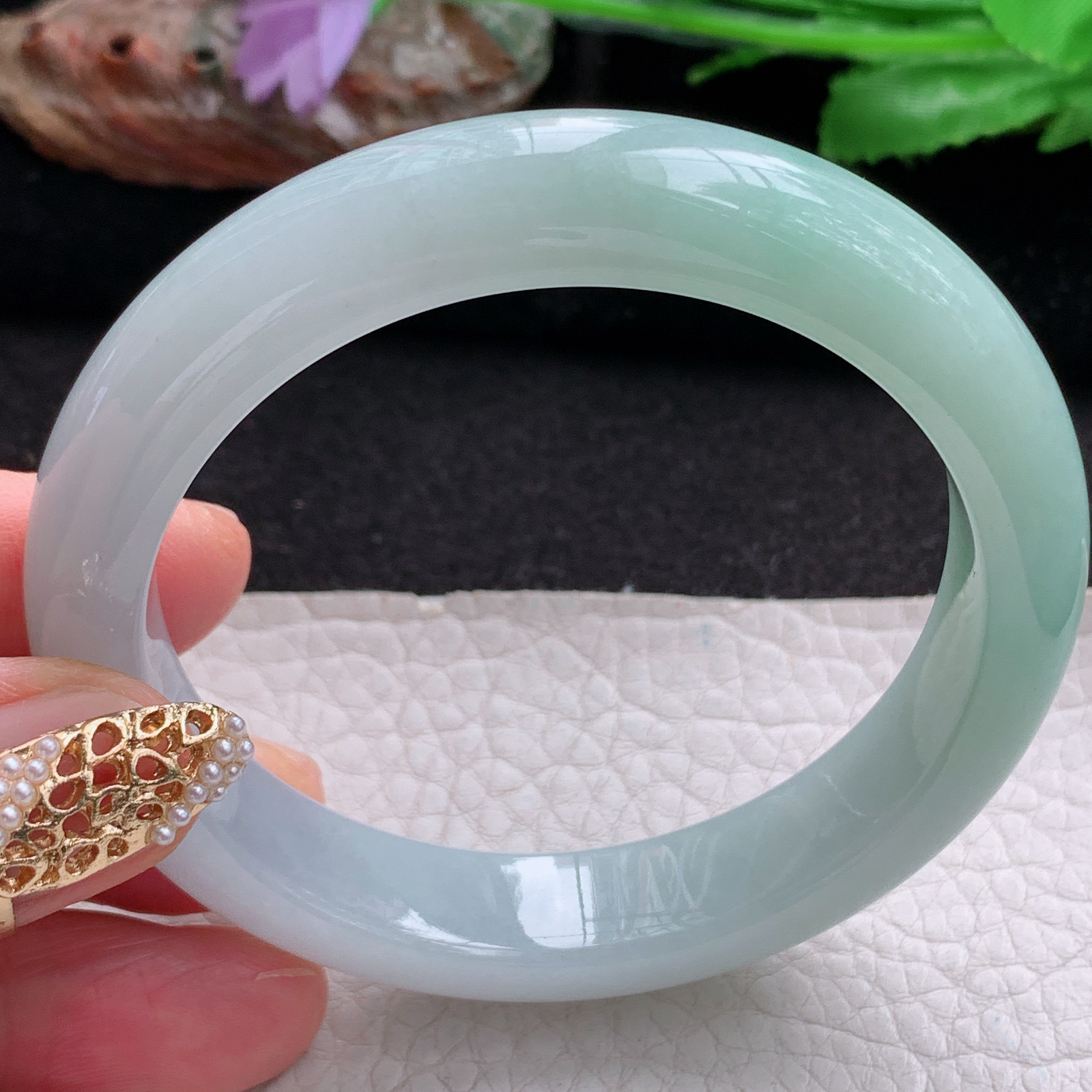 js实拍55*12*8.3招财镯 天然翡翠a货手镯水润清新双彩正圈玉镯子