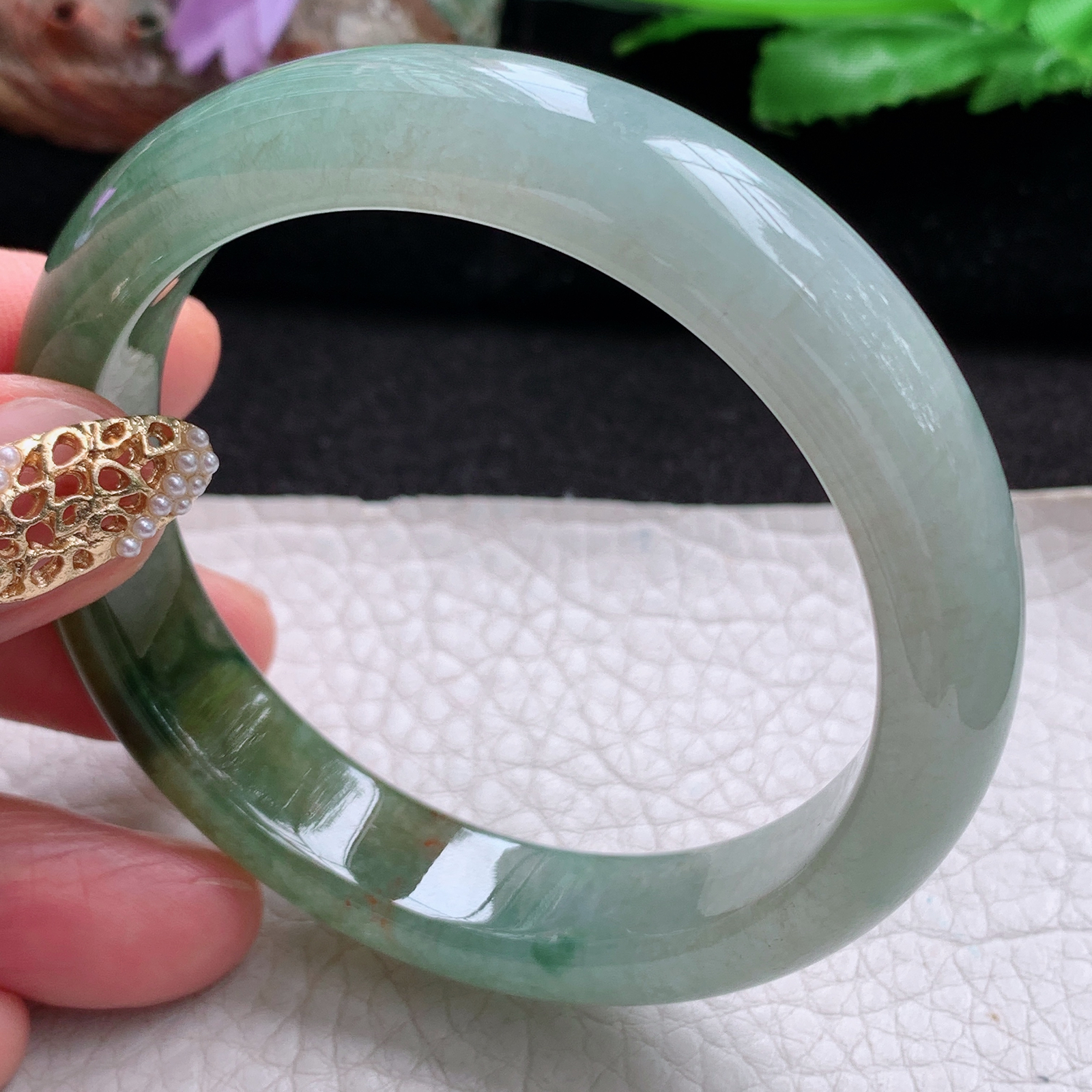 js实拍54*12.5*7.8招财镯 天然翡翠a货手镯双彩半山半水正圈玉镯子