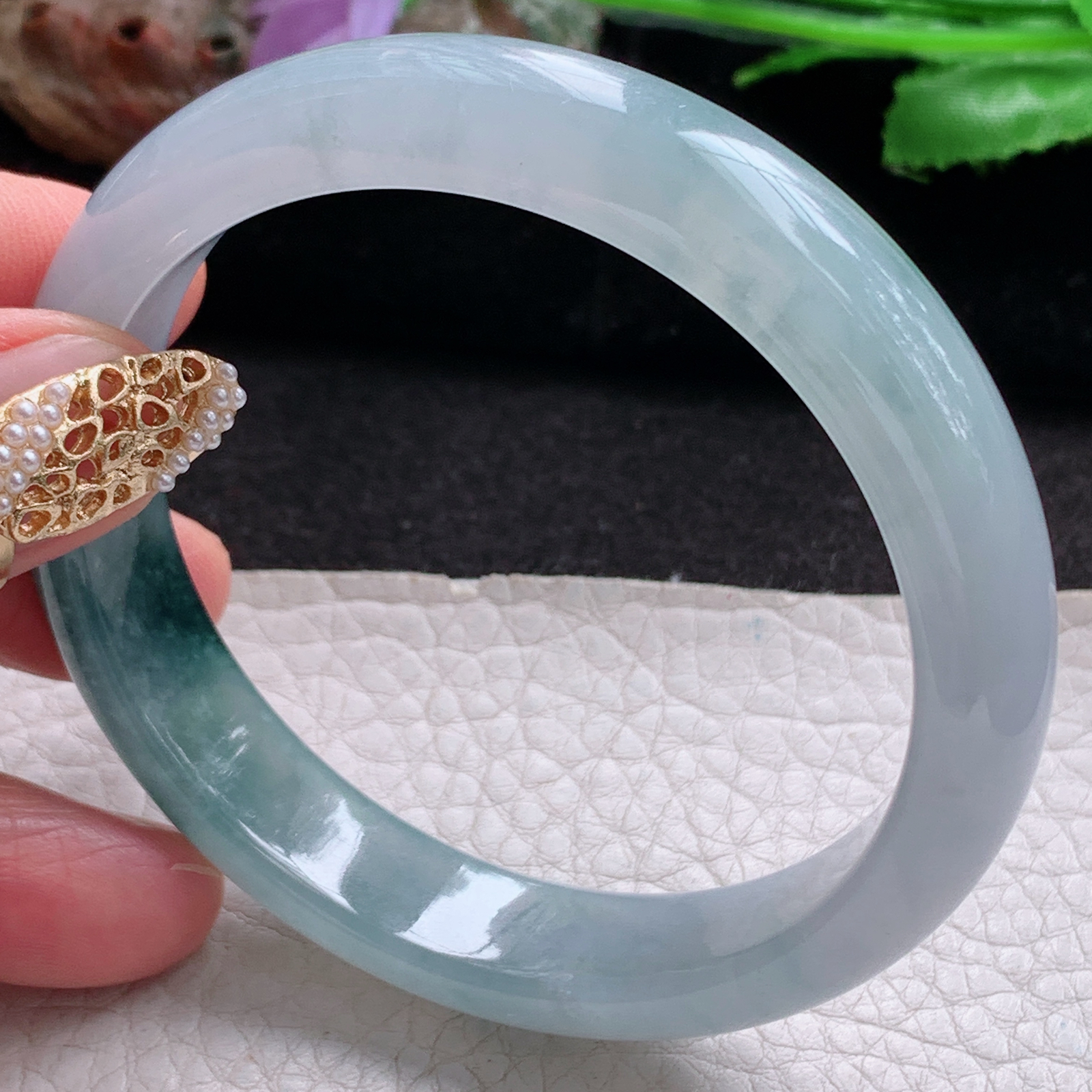 js实拍57.5*12.6*7.6平安镯 天然翡翠a货手镯冰飘花正圈玉镯子