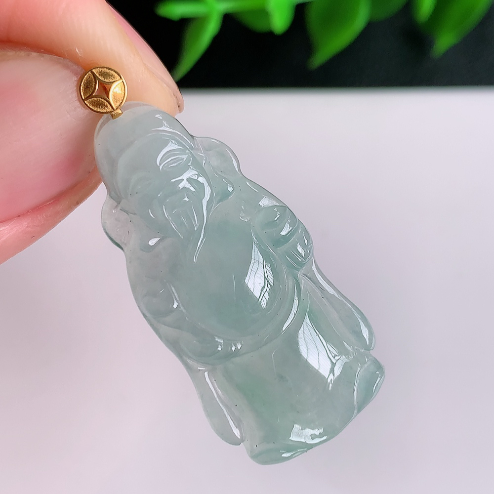 18k金扣冰润财神吊坠 玉质细腻 色泽艳丽清新 水润亮眼 W41.11  尺寸：34-16.5-4.6mm