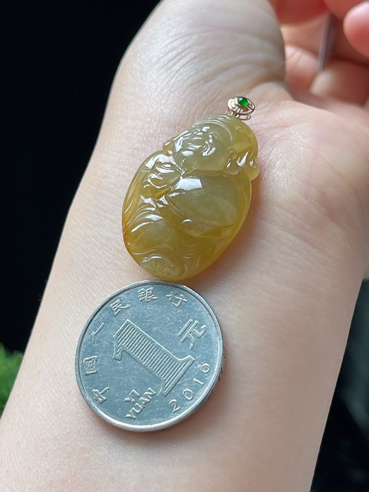 18k金翡翠冰糯种黄财神吊坠