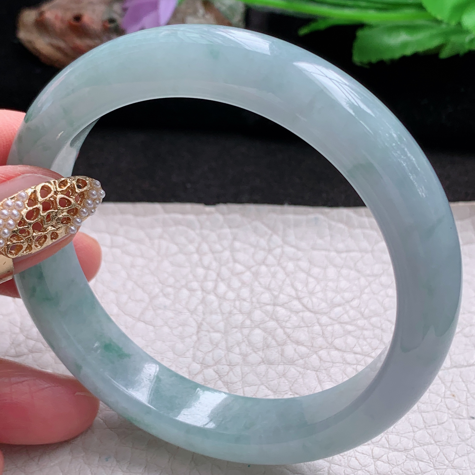 nr大圈口60*13*9平安镯 天然翡翠a货手镯冰飘花大气正圈玉镯子