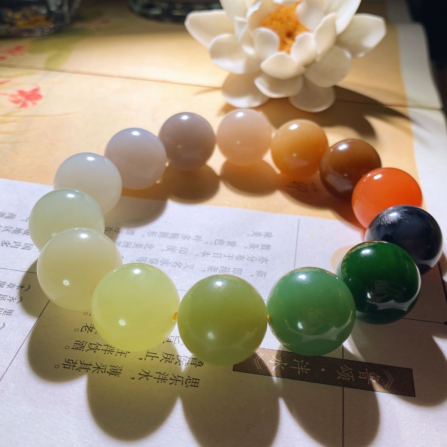 新疆和田玉多宝圆珠手串 单颗尺寸16重90克 玉质细腻油润 底色纯净 脂粉好，品质好。lt260410