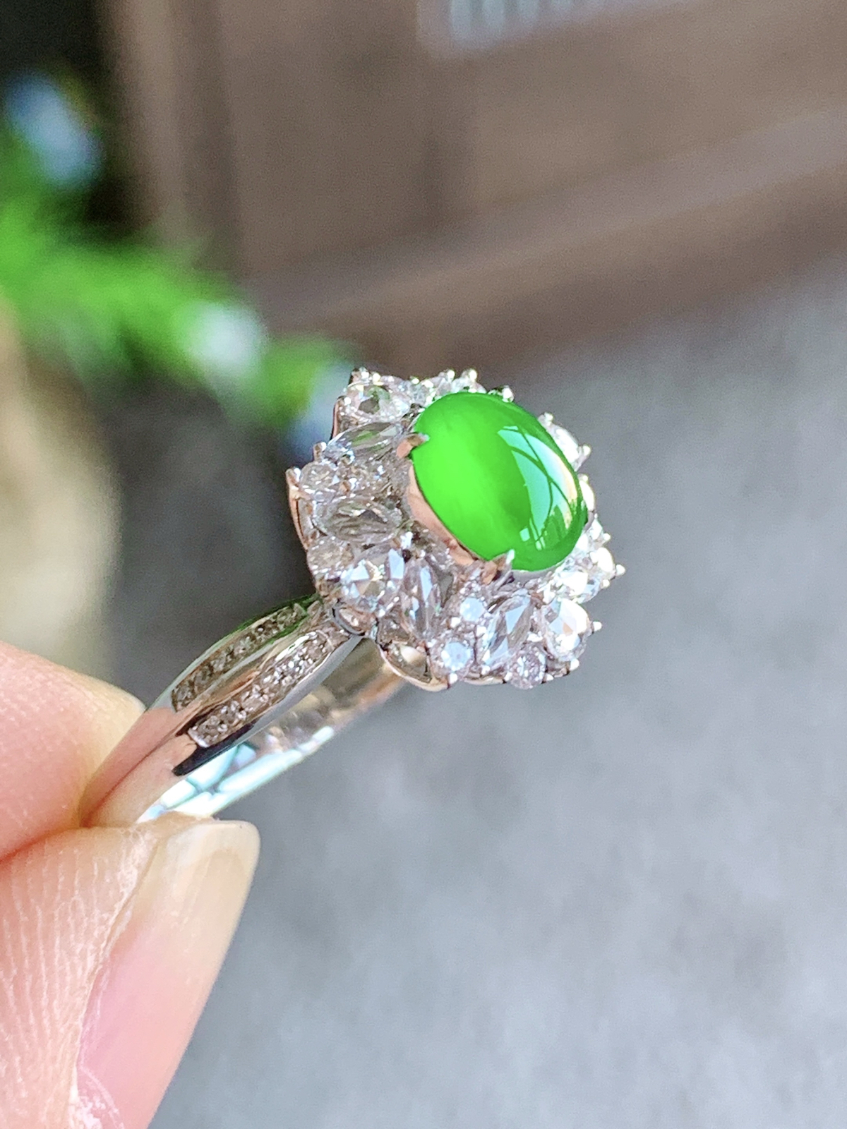 【镶嵌】冰阳绿蛋面戒指
【说明】18k金镶嵌 性价比高  
【整体】12.3-11.8-8.8
【